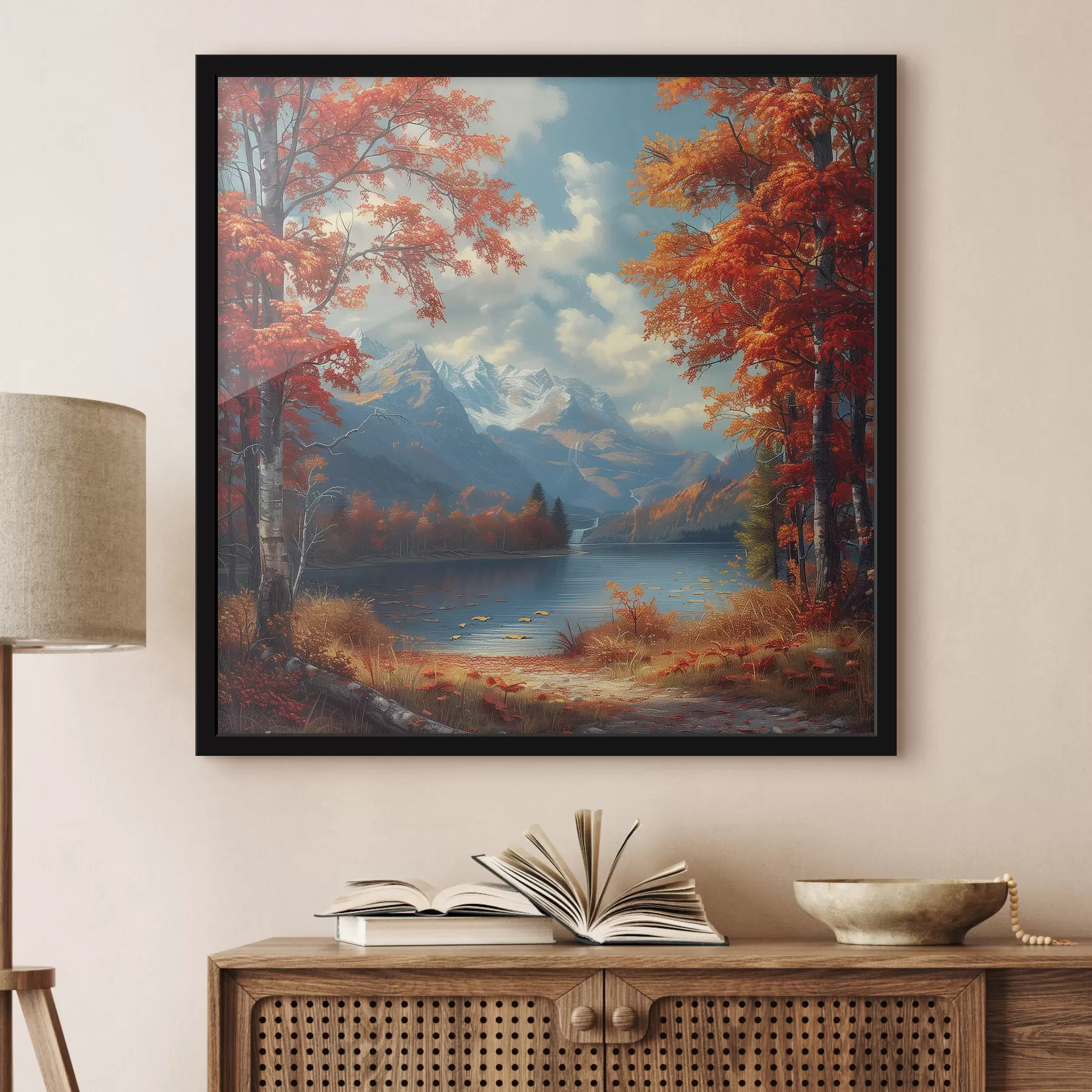 Fotobehang Herfstlandschap tegen de achtergrond van bergen bij een vijver f40903