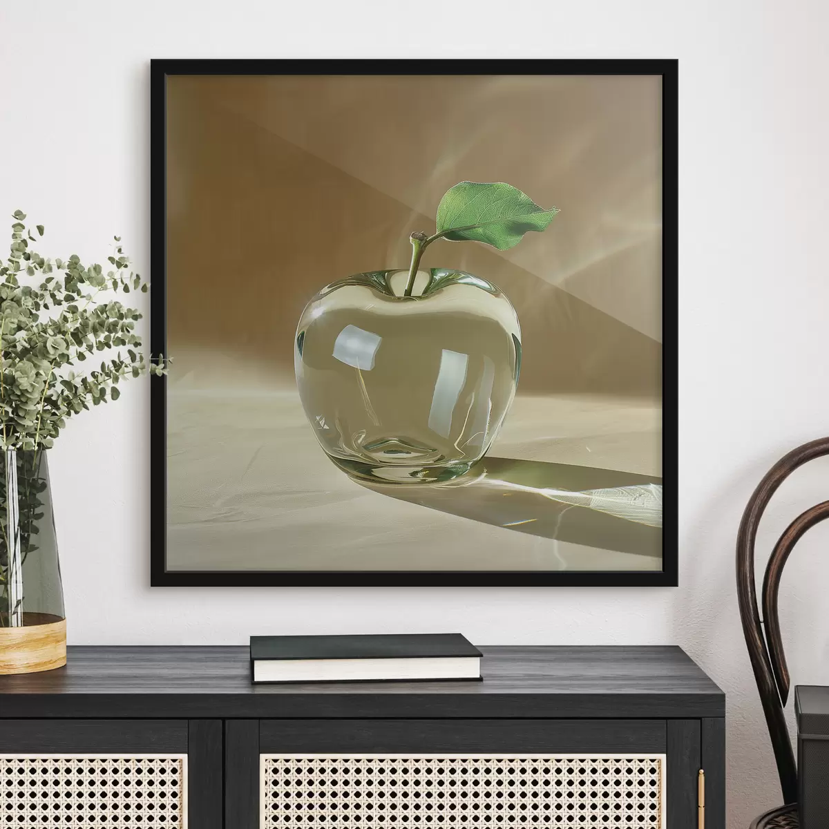 Poster Transparante glazen appel op een lichte achtergrond f40913