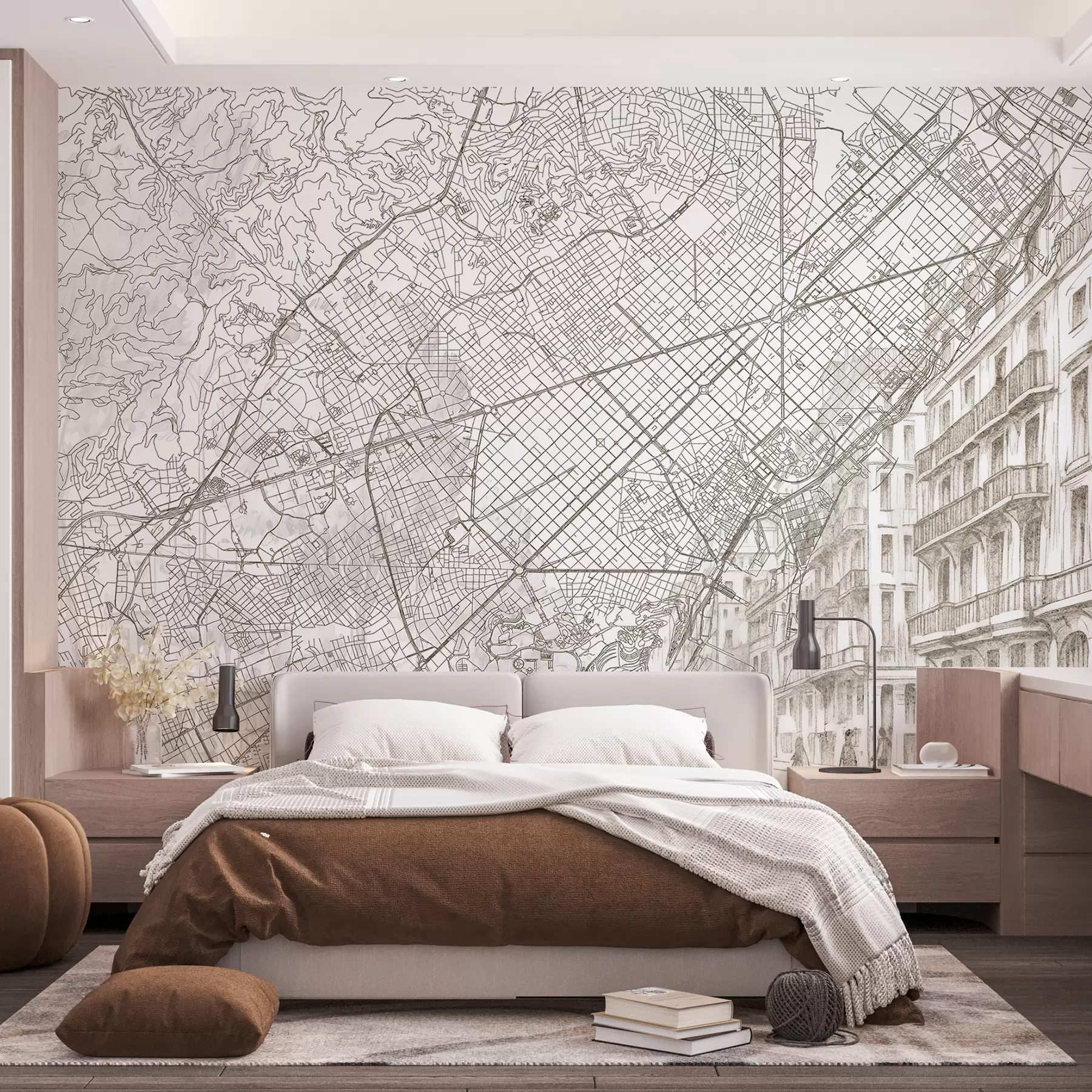 Fotobehang Barcelona stadsplattegrond, lijntekening, architectuur, Spanje, beige kleuren w01695