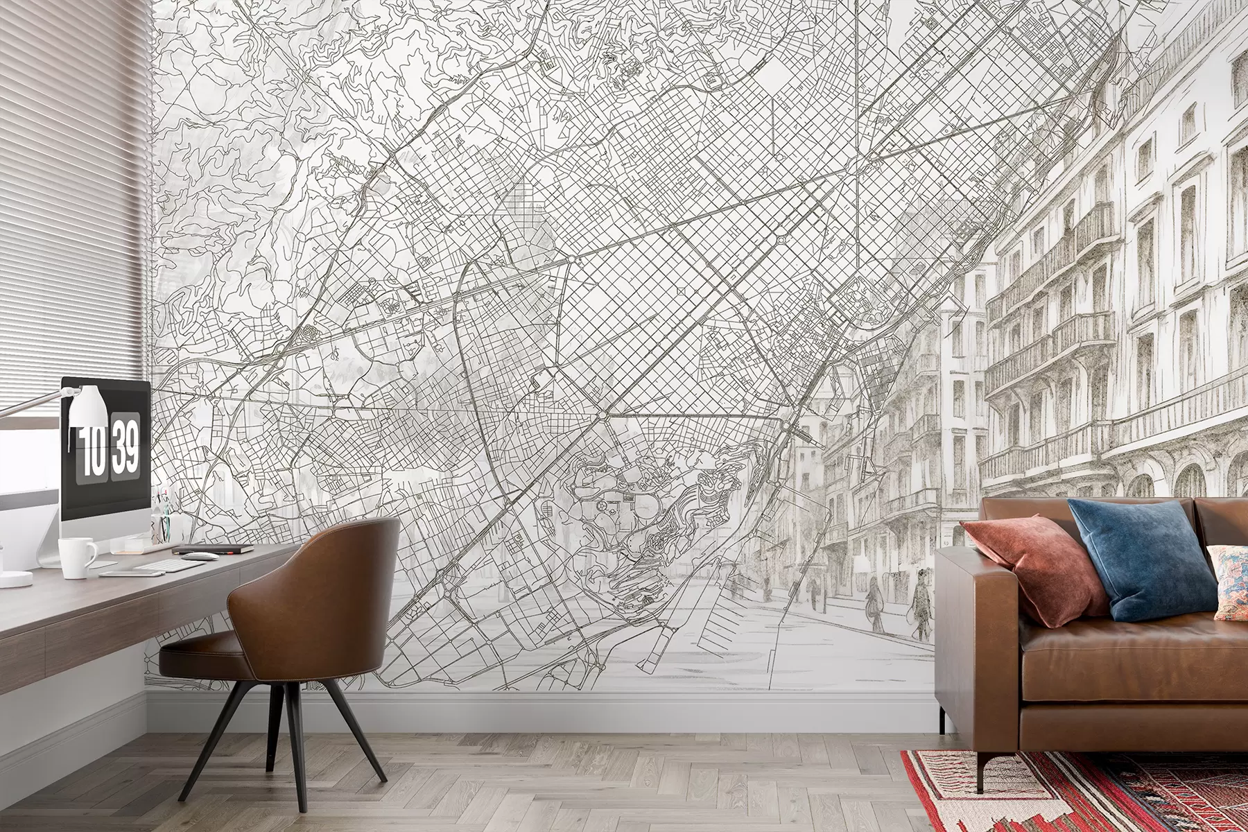 Fotobehang Barcelona stadsplattegrond, lijntekening, architectuur, Spanje, beige kleuren w01695