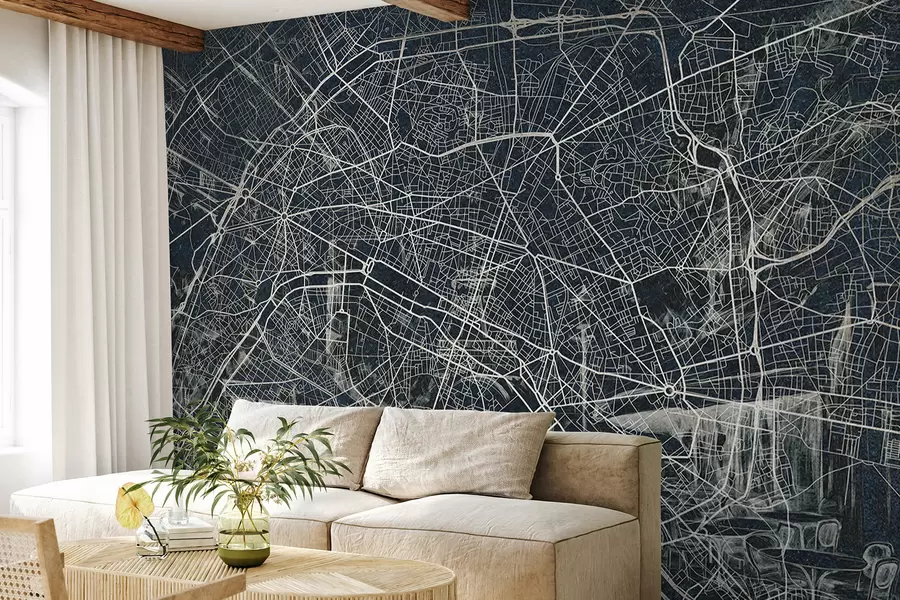 Papier peint photo Plan de Paris, dessin au trait, architecture, France, couleurs foncées w01697v1