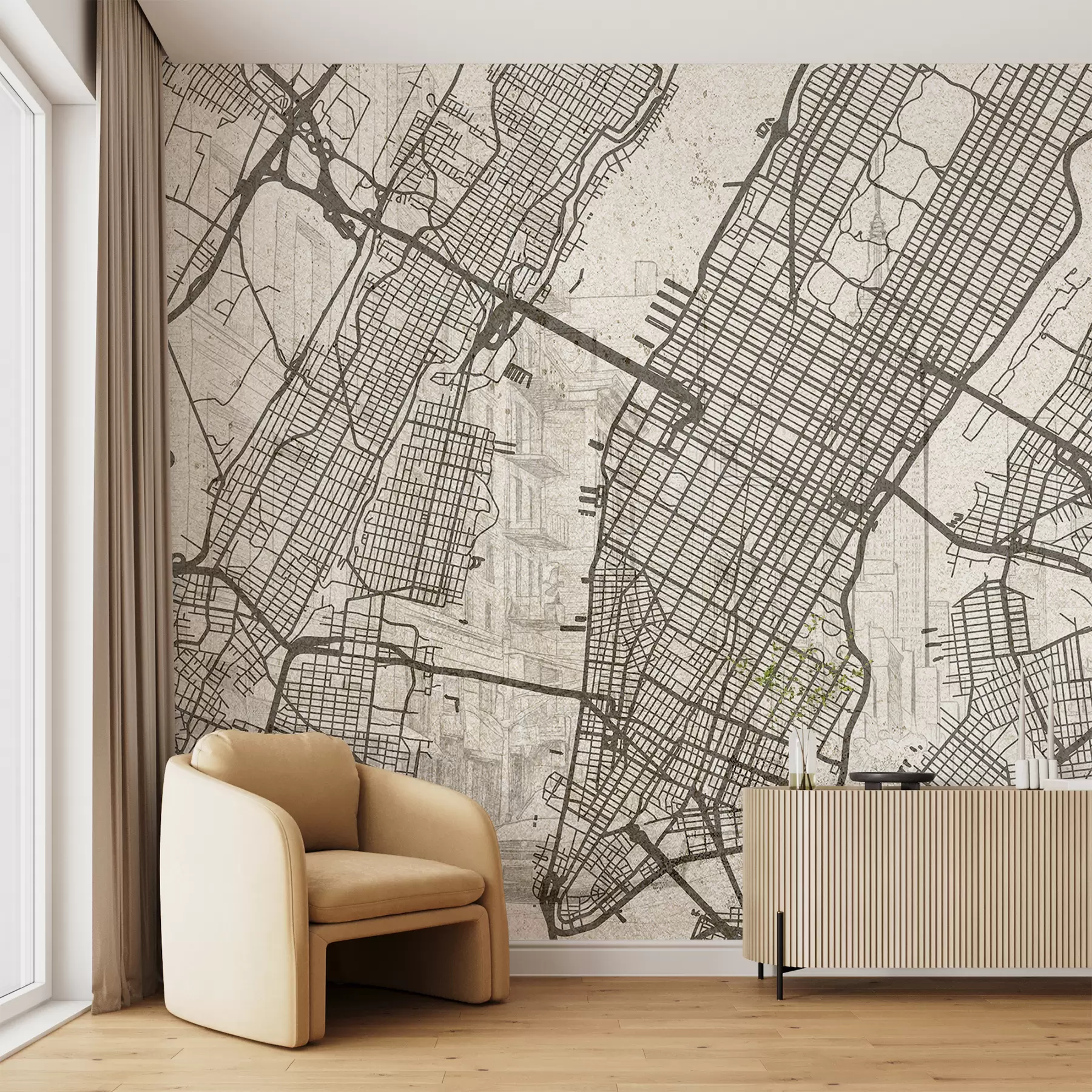 Fotobehang De kaart van de stad New York, lijntekening, architectuur, beige kleuren w01699