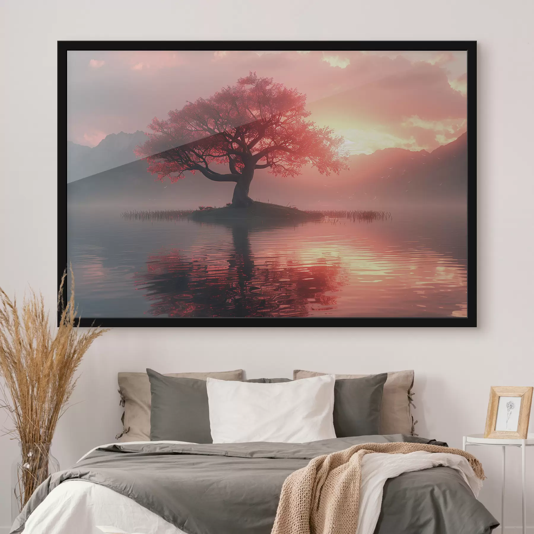 Fotobehang Boom bij de vijver bij zonsondergang f40934