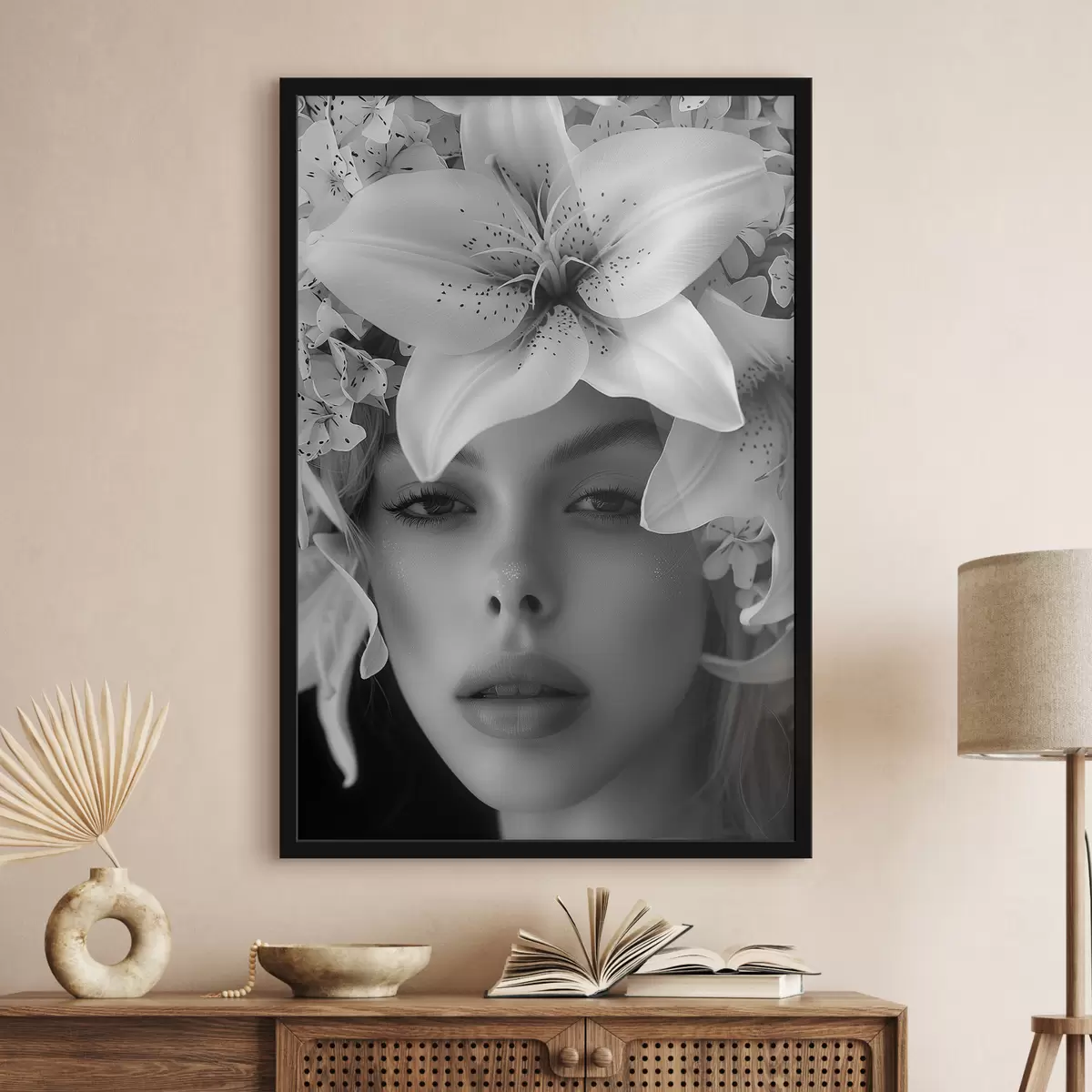 Poster Witte grote lelies en het gezicht van een meisje f40937