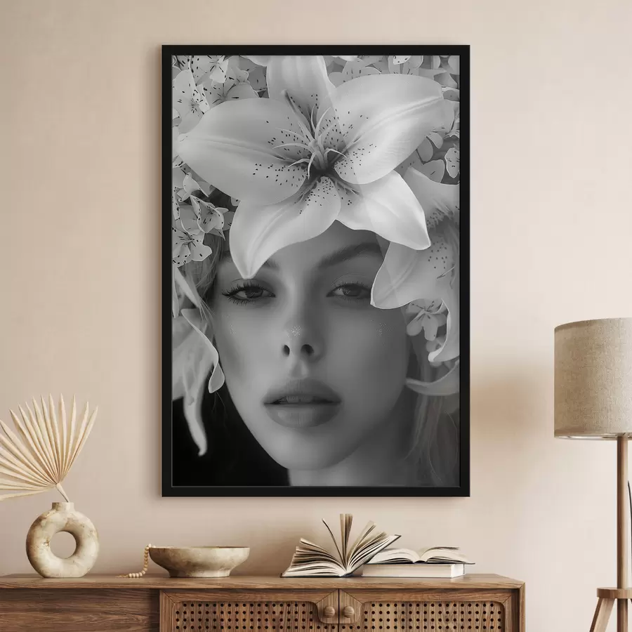 Fotobehang Witte grote lelies en het gezicht van een meisje f40937