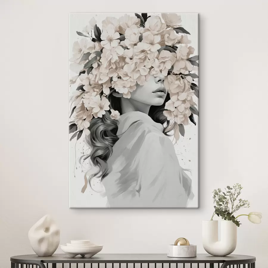  Peintures Fille avec des fleurs sur le visage en noir et blanc s40849