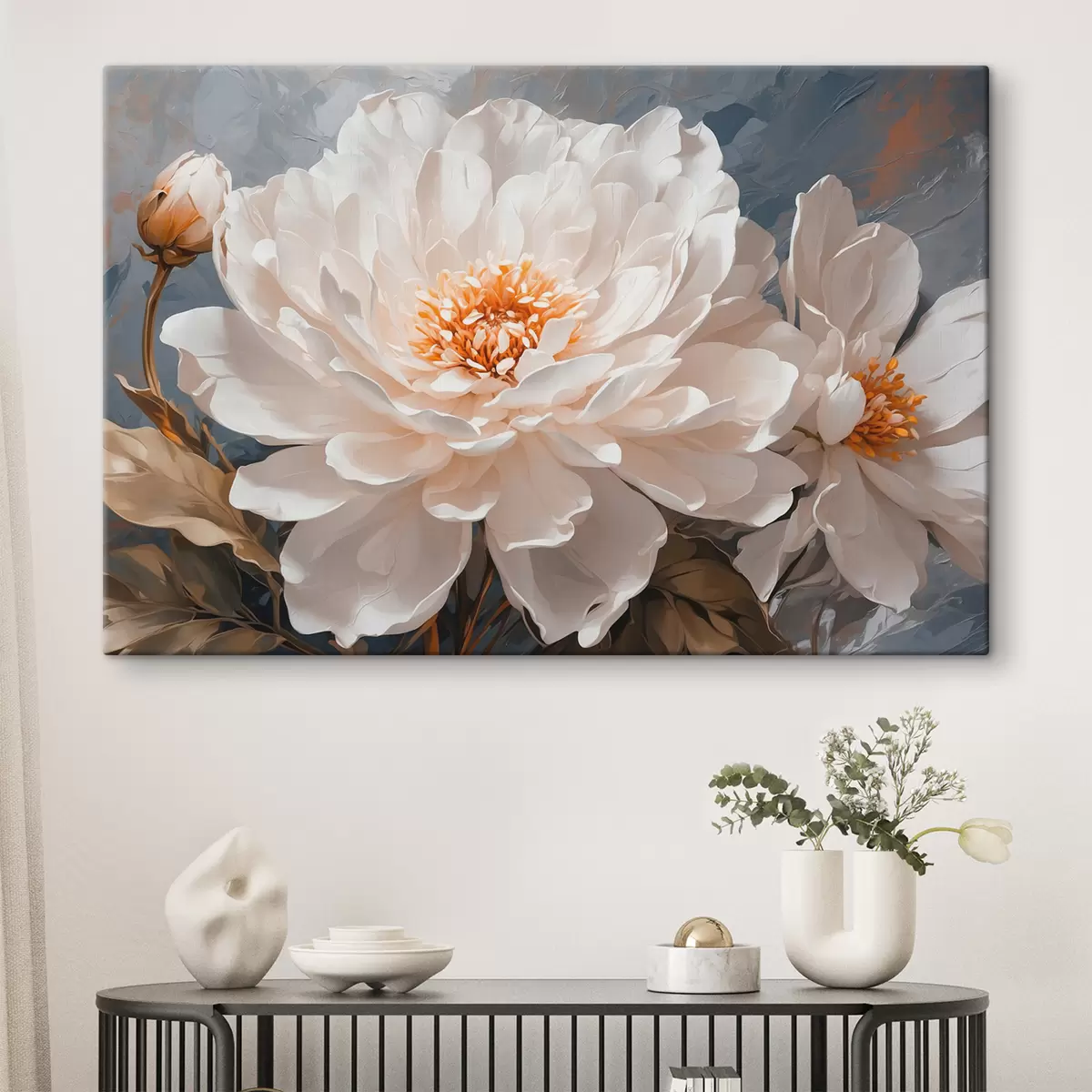  Schilderijen Witte bloemen op grijze achtergrond s40868