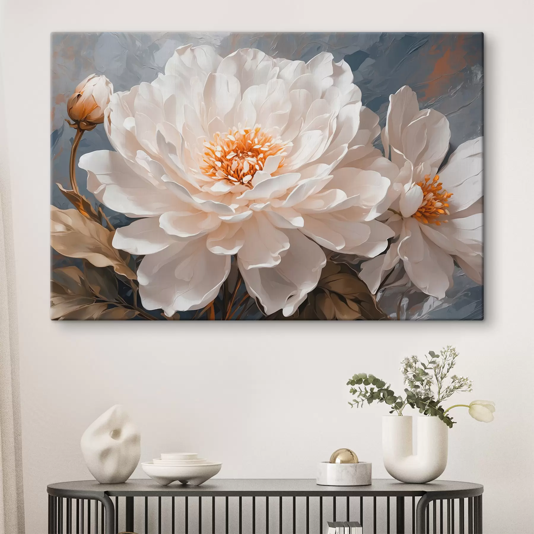 Fotobehang Witte bloemen op grijze achtergrond s40868