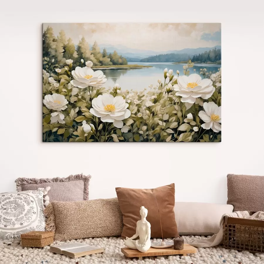 Fotobehang Witte bloemen op rivierachtergrond s40869