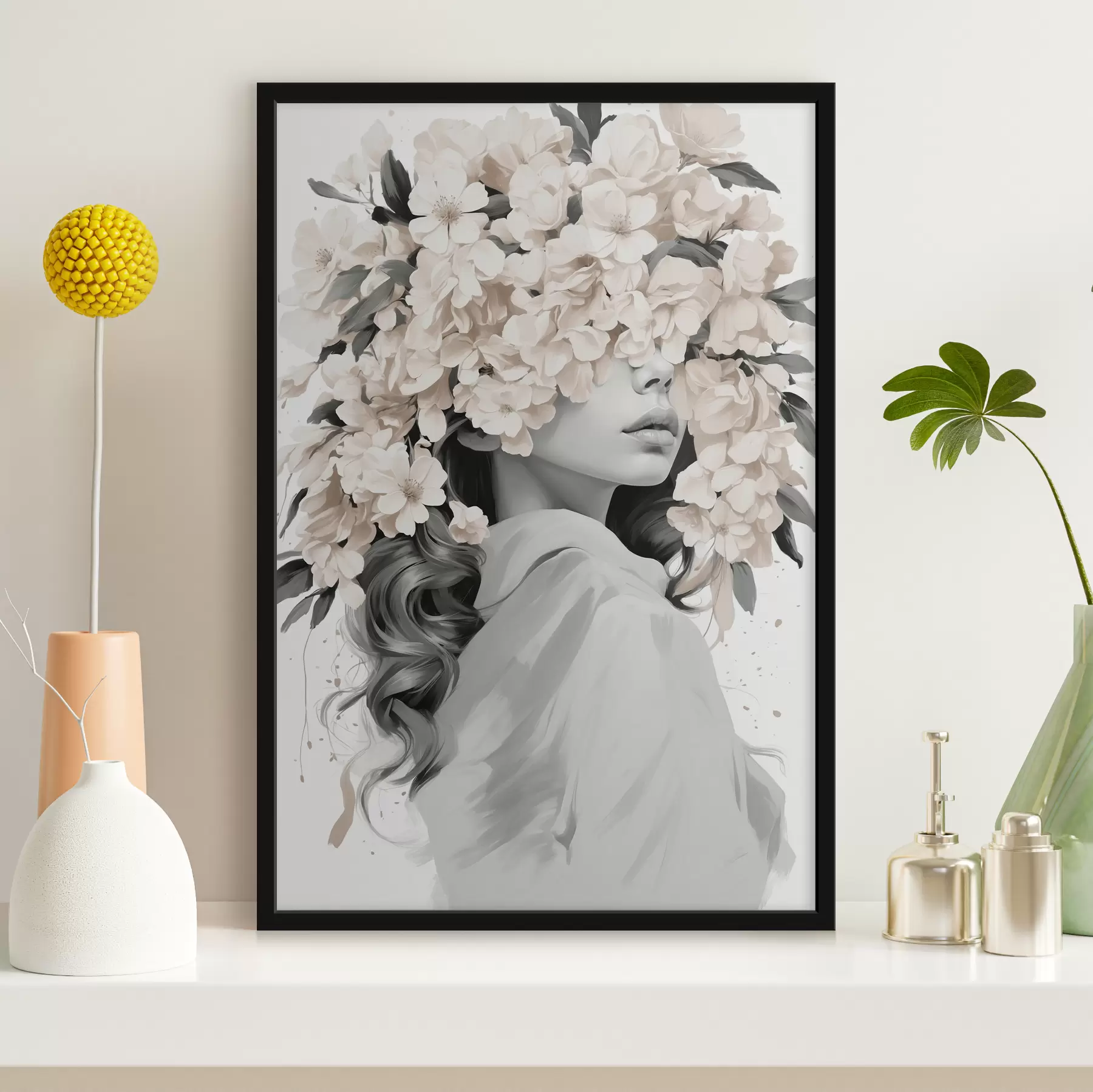  Schilderijen Meisje met bloemen op haar gezicht in zwarte en witte kleuren f40849