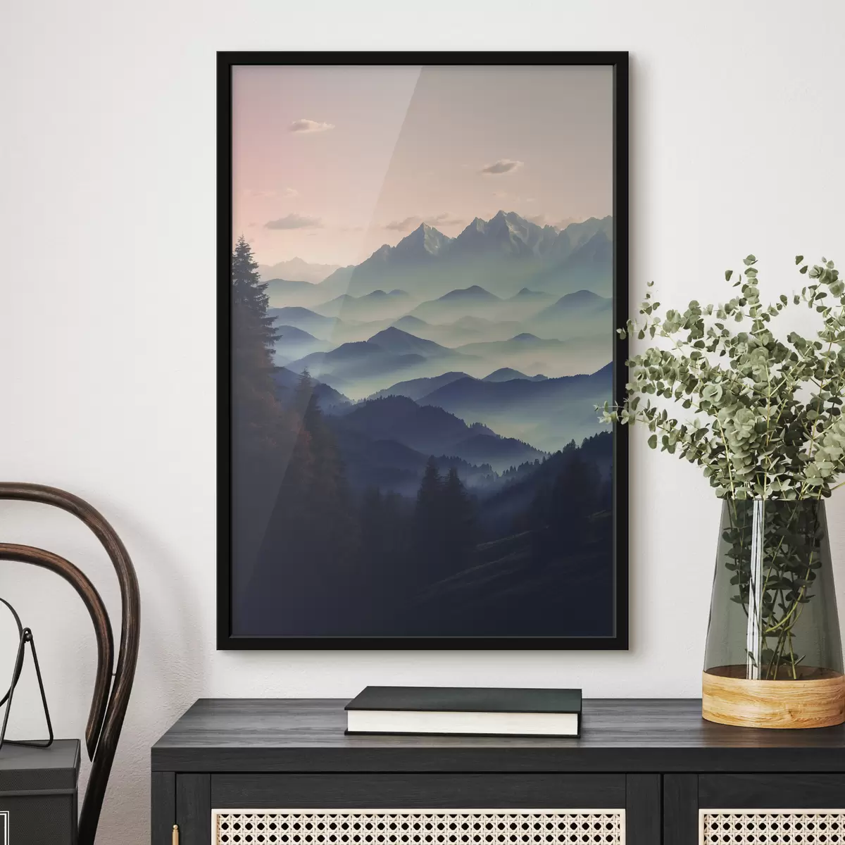 Poster Bergzicht in mist f40851