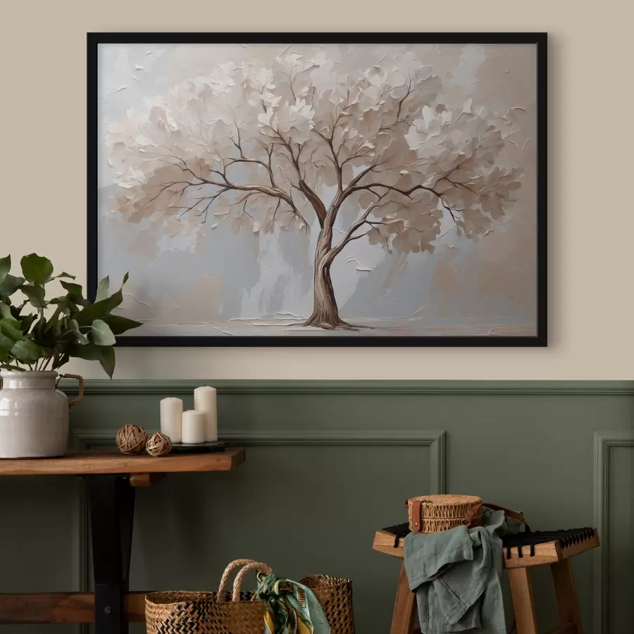 Fotobehang Witte boom op abstracte olieverfachtergrond f40860