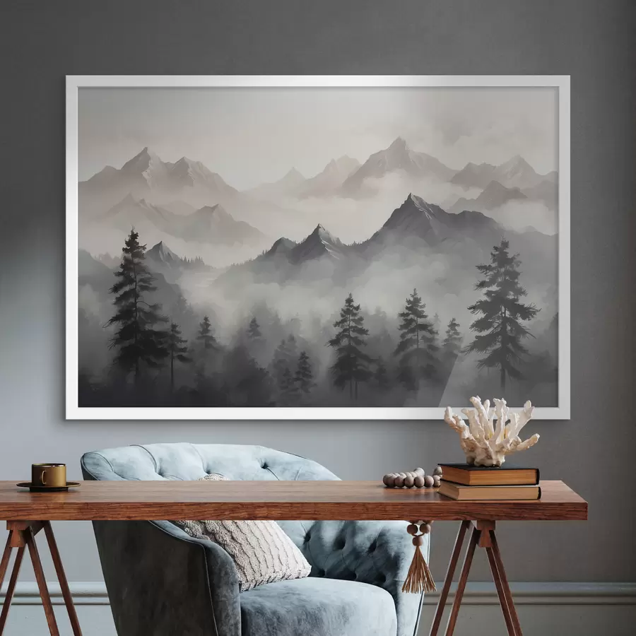 Papier peint photo Pins dans la brume des sommets f40866