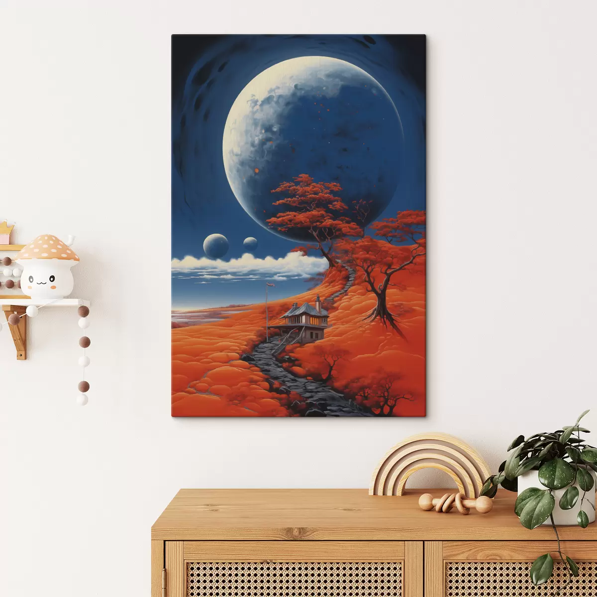  Schilderijen Kosmische illustratie, planeten, blauwe lucht, huis op de heuvel, bomen s40946