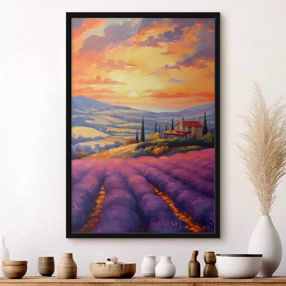 Affiche Coucher de soleil en Toscane, champs de lavande, beaux paysages, aquarelle f40942