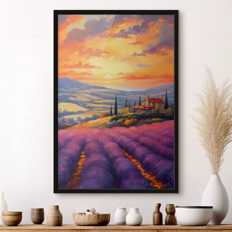 Fotobehang Toscana zonsondergang, lavendelvelden, prachtige landschappen, aquarel f40942
