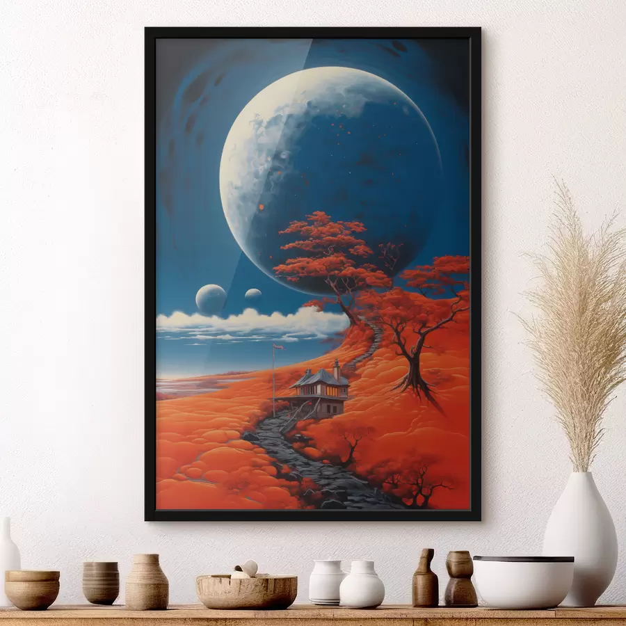 Fotobehang Kosmische illustratie, planeten, blauwe lucht, huis op de heuvel, bomen f40946