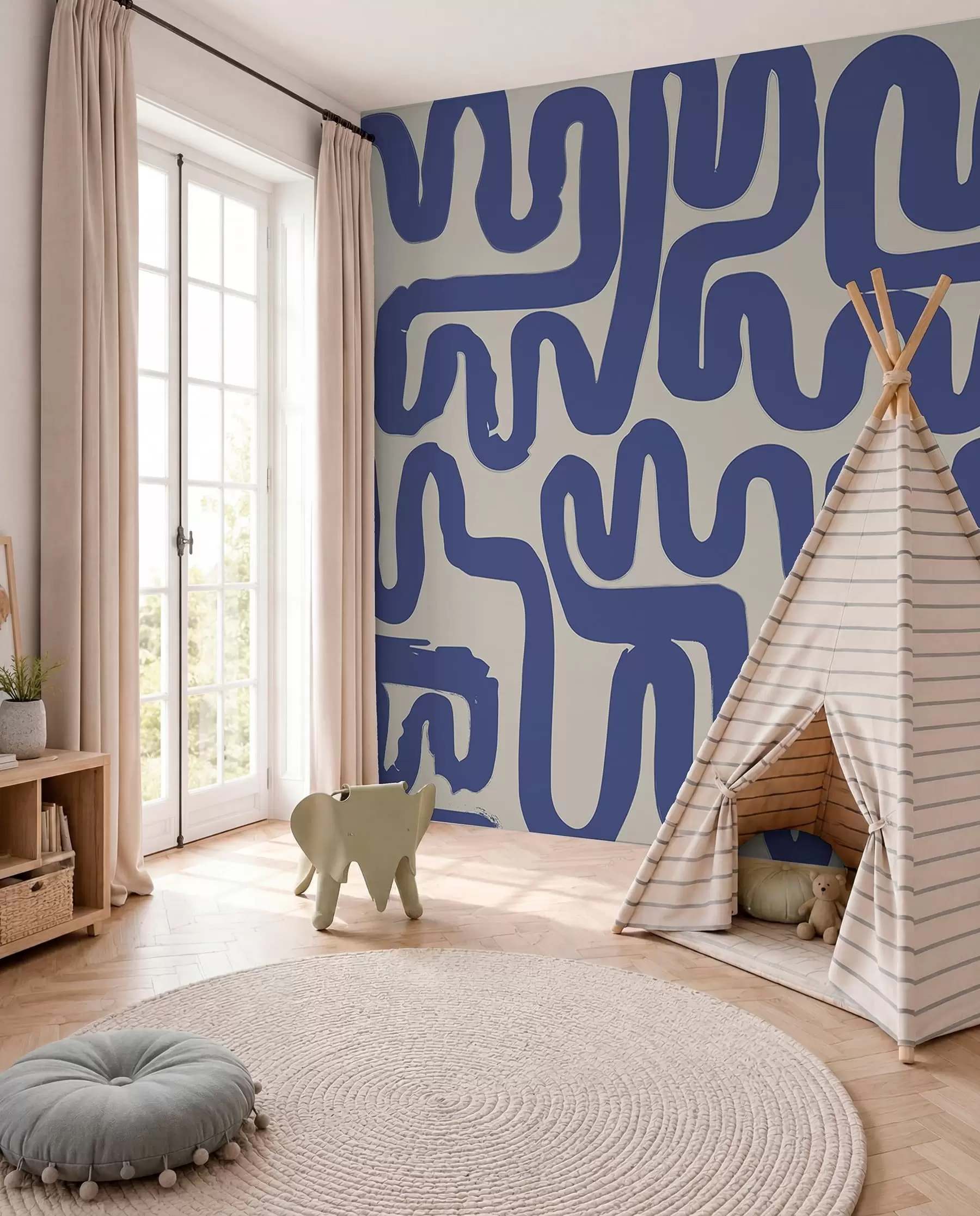 Fotobehang Kronkelende lijnen in blauw w01686
