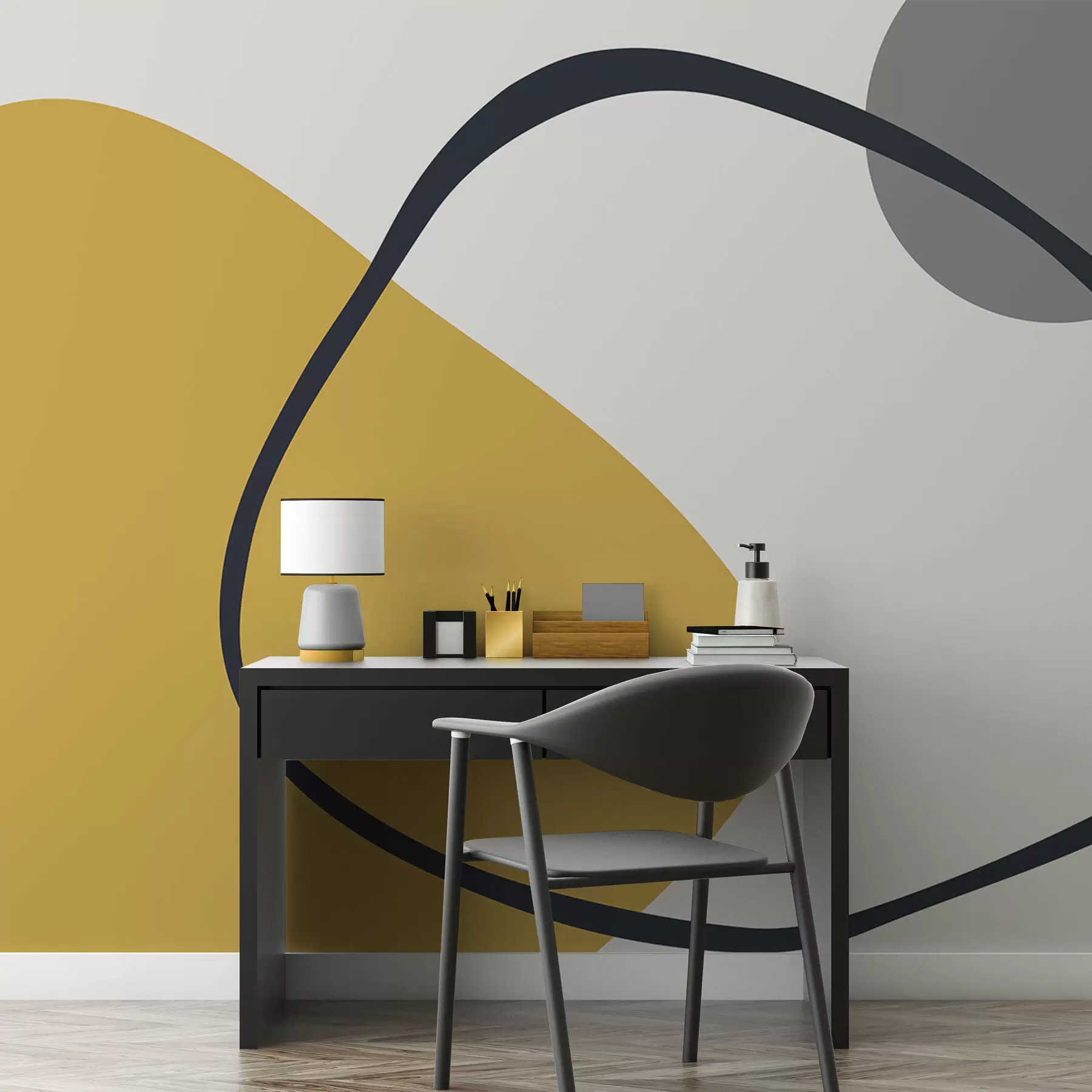 Fotobehang Geometrische gele en grijze vormen op een lichte achtergrond w01687