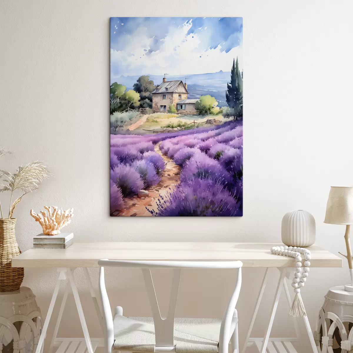  Peintures Maison de campagne avec les montagnes en arrière-plan près d'un champ de lavande s41012