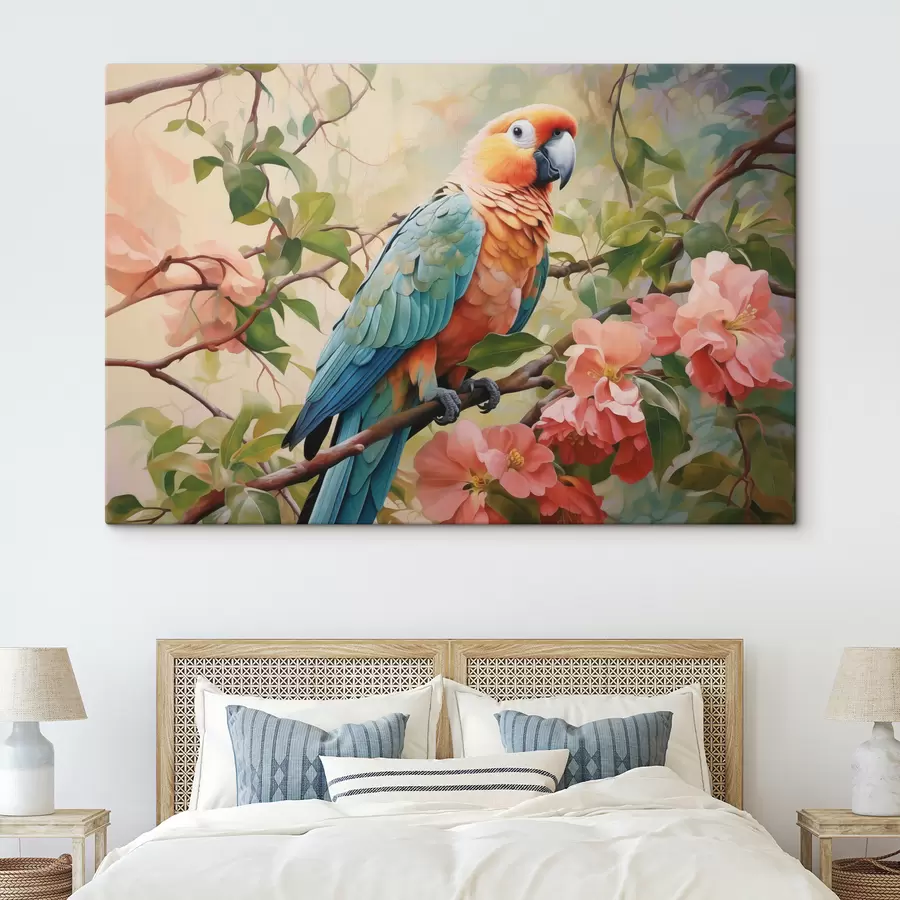  Peintures Perroquet ara assis sur une branche avec des fleurs roses s41018