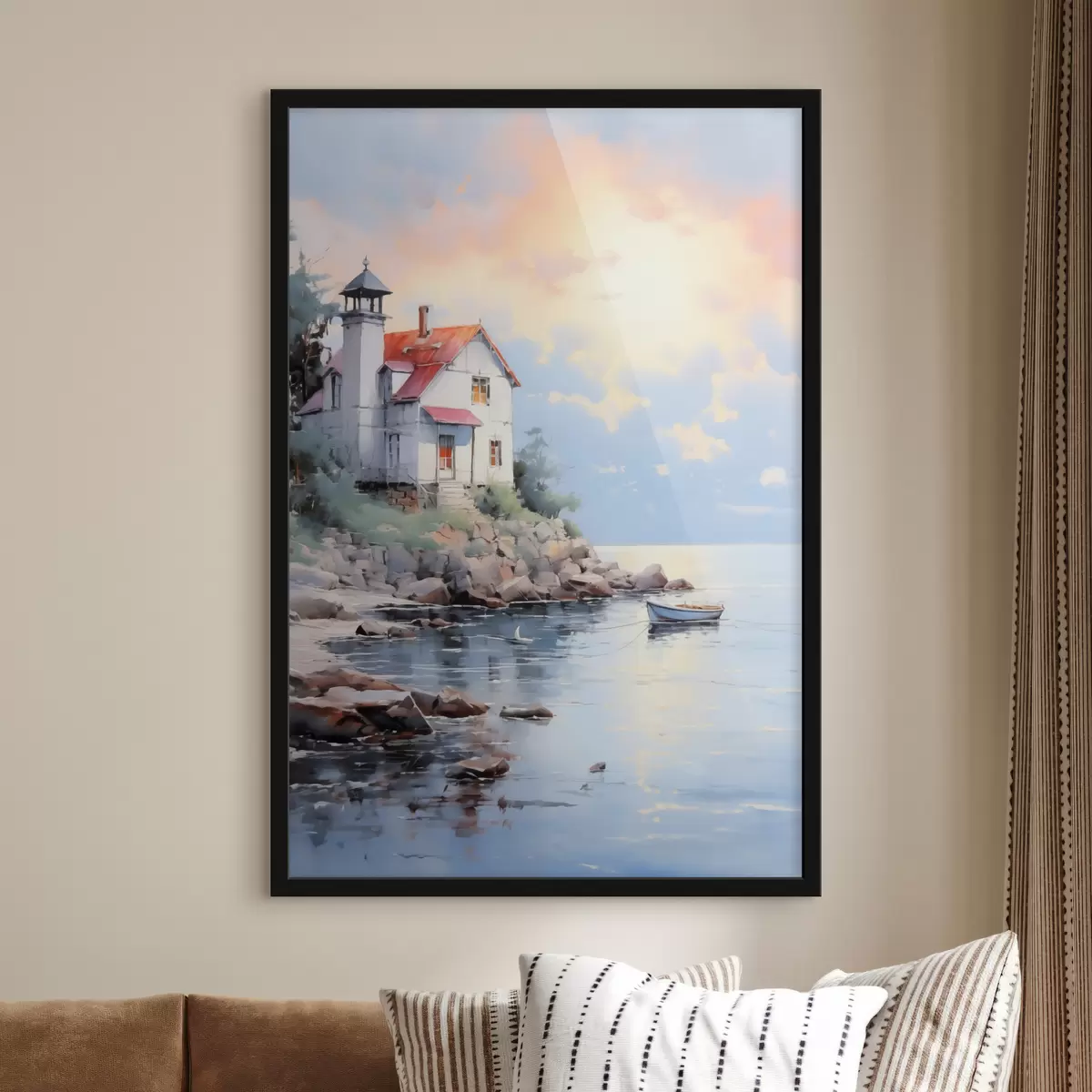 Affiche Maison sur la plage au bord de la mer au coucher du soleil f41010