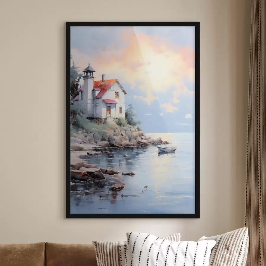 Papier peint photo Maison sur la plage au bord de la mer au coucher du soleil f41010