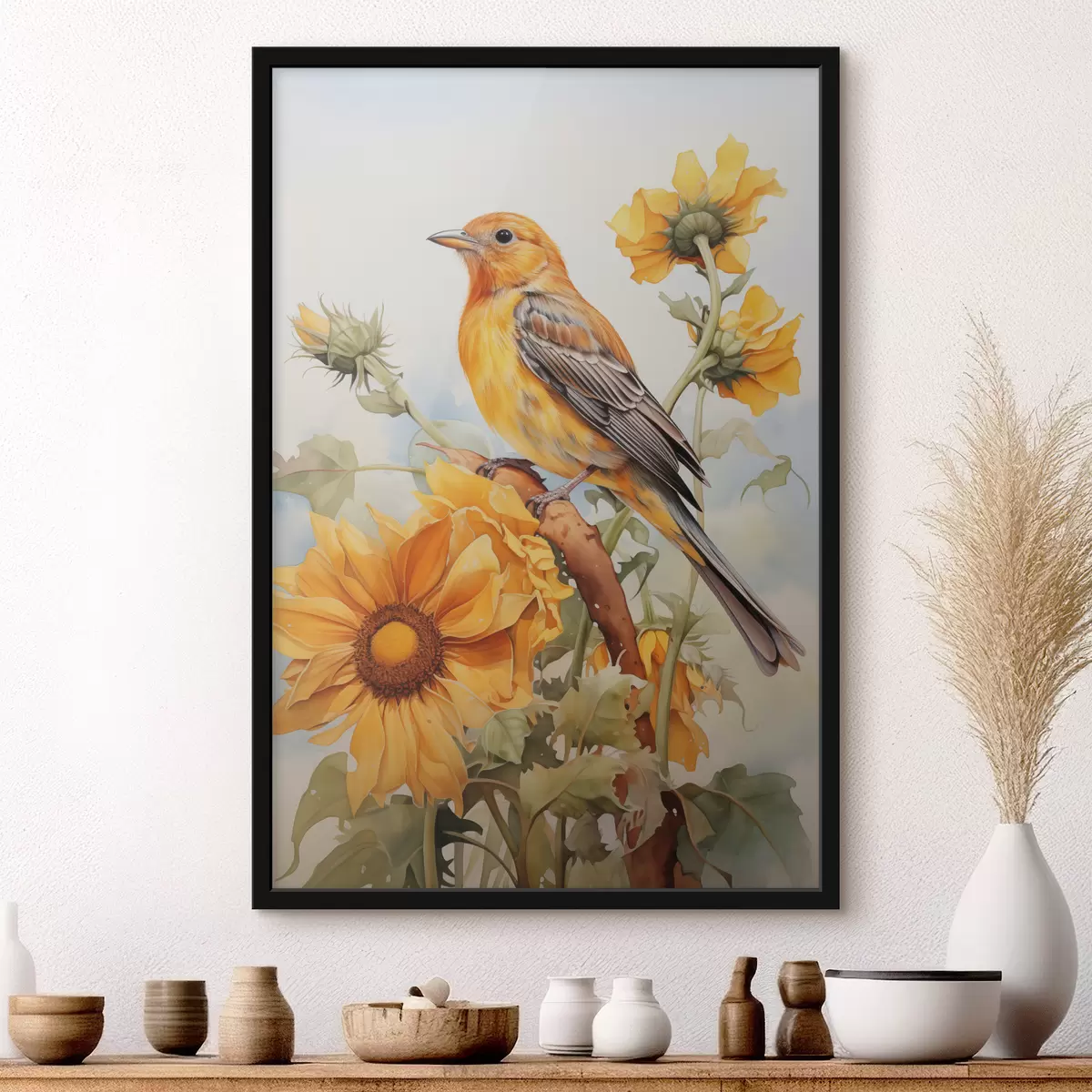 Affiche Oiseau jaune assis sur un tournesol aquarelle f41015