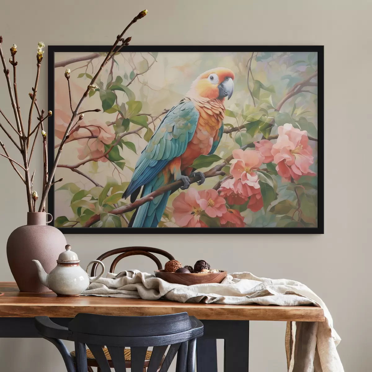 Poster Ara papegaai zittend op een tak met roze bloemen f41018