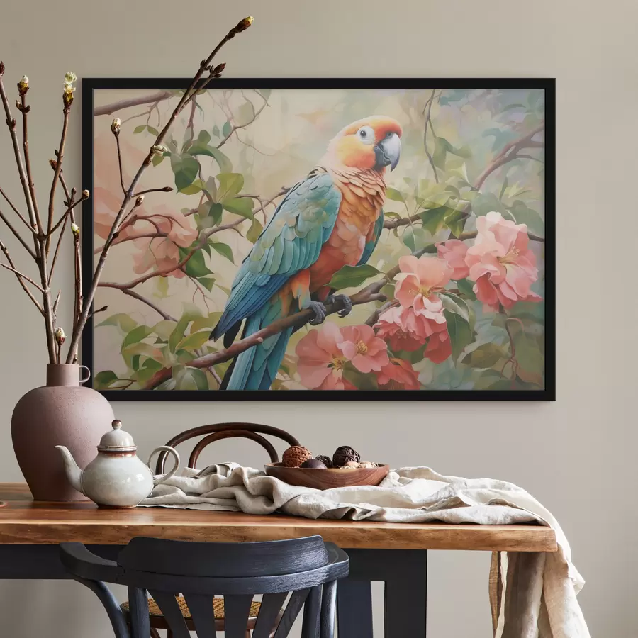  Peintures Perroquet ara assis sur une branche avec des fleurs roses f41018