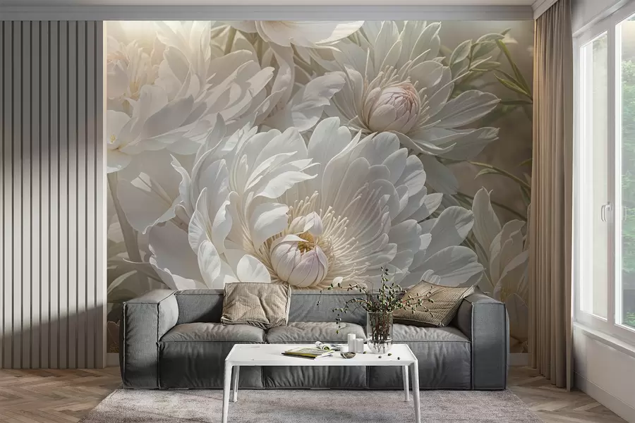 Fotobehang Een close-up van grote, delicate witte pioenbloemen met zachte, donzige bloemblaadjes en een lichtgeel hart w08325