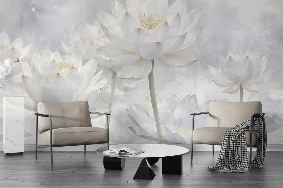 Fotobehang Witte lotusbloemen in een mistige, etherische abstracte pastel landschappelijke achtergrond w08328