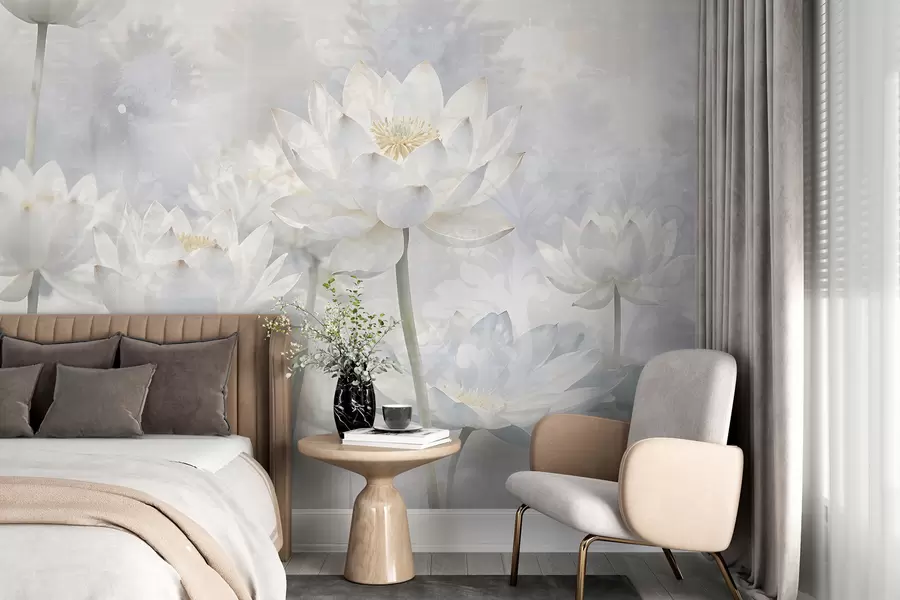 Papier peint photo Fleurs de lotus blanches sur fond de paysage pastel abstrait brumeux et éthéré w08328