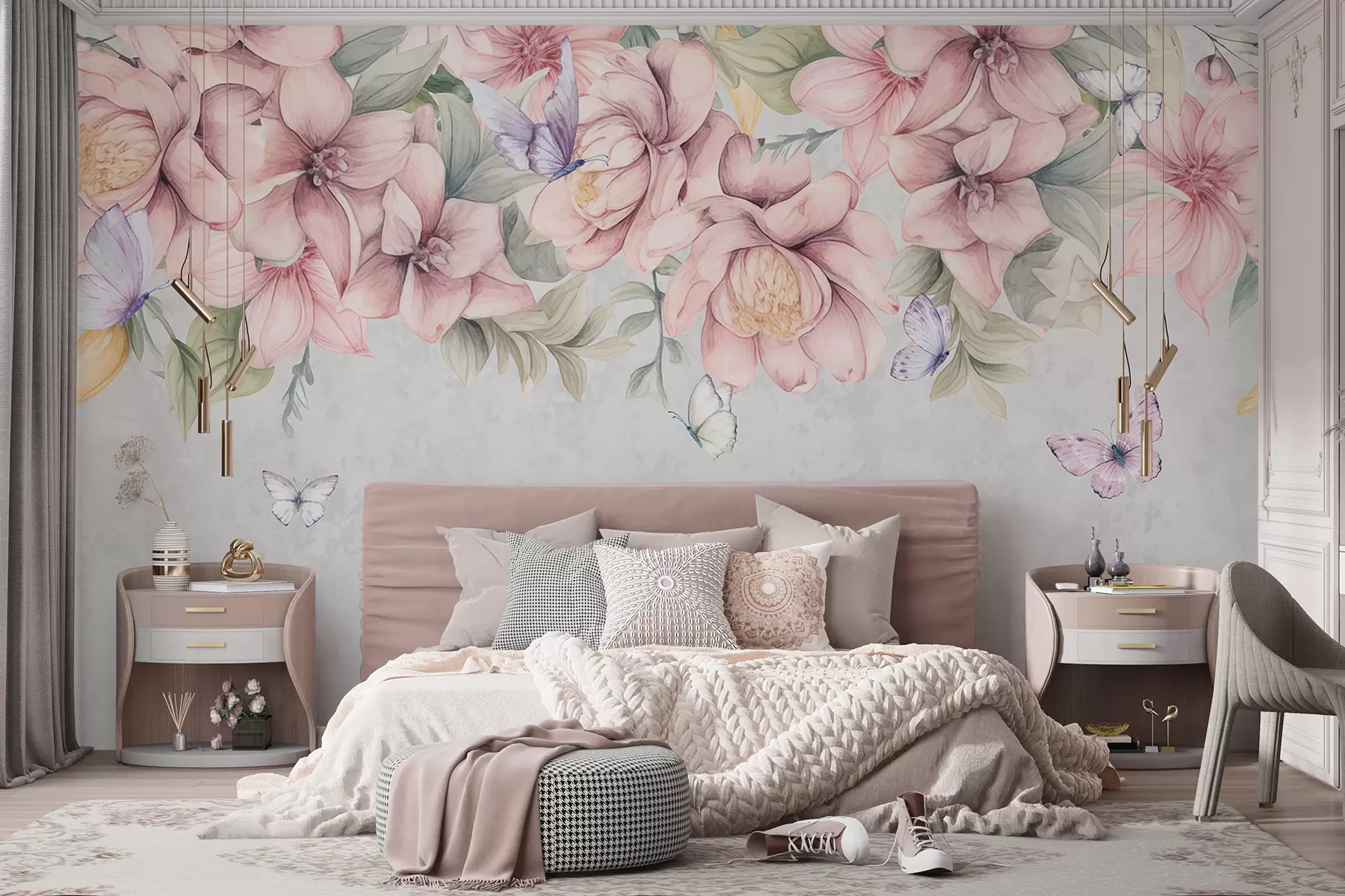 Fotobehang Zachtroze en witte bloemen met tere bloemetjes en blaadjes op gestructureerde grijze achtergrond w08331