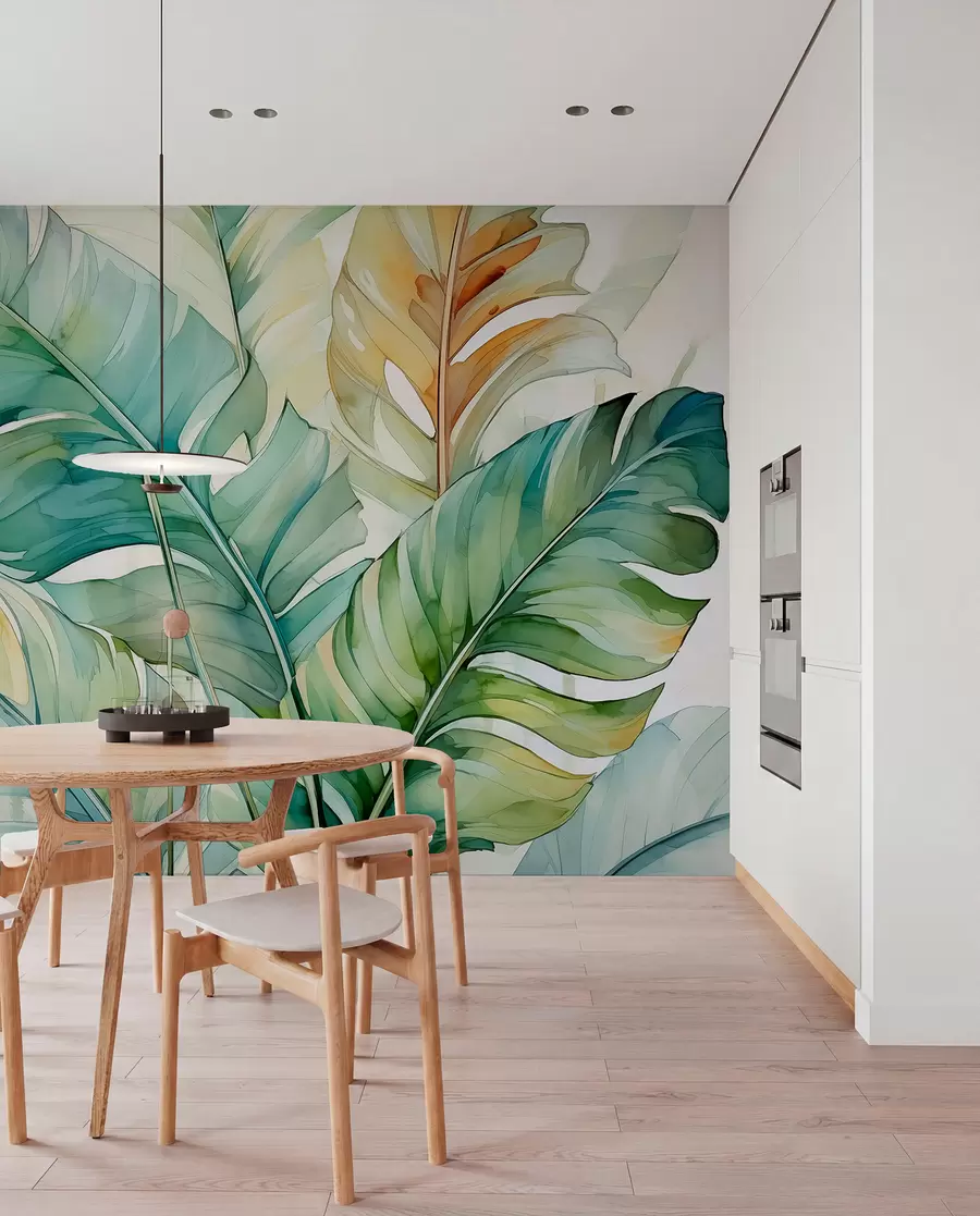 Papier peint photo Banane tropicale feuilles de palmier aquarelle mouillée w01775