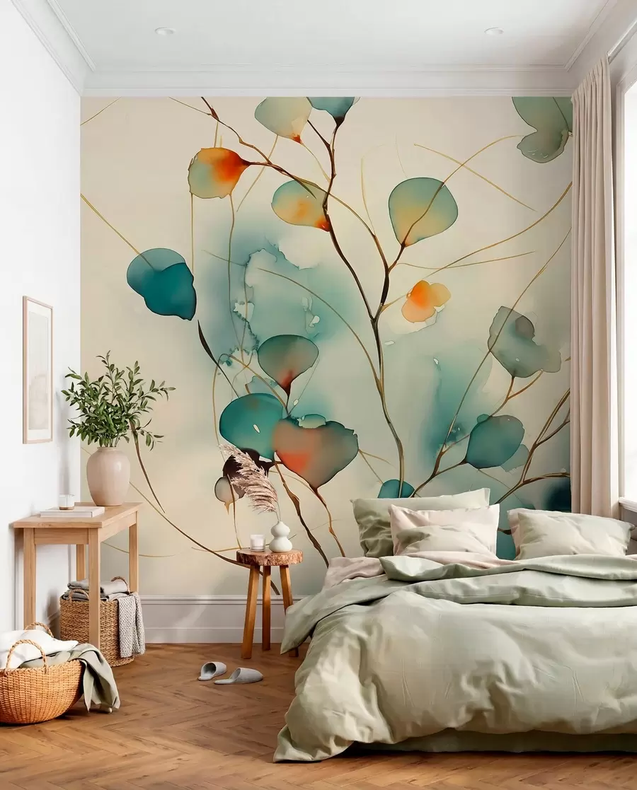 Papier peint photo Branches abstraites avec feuilles, aquarelle floue et humide w01779