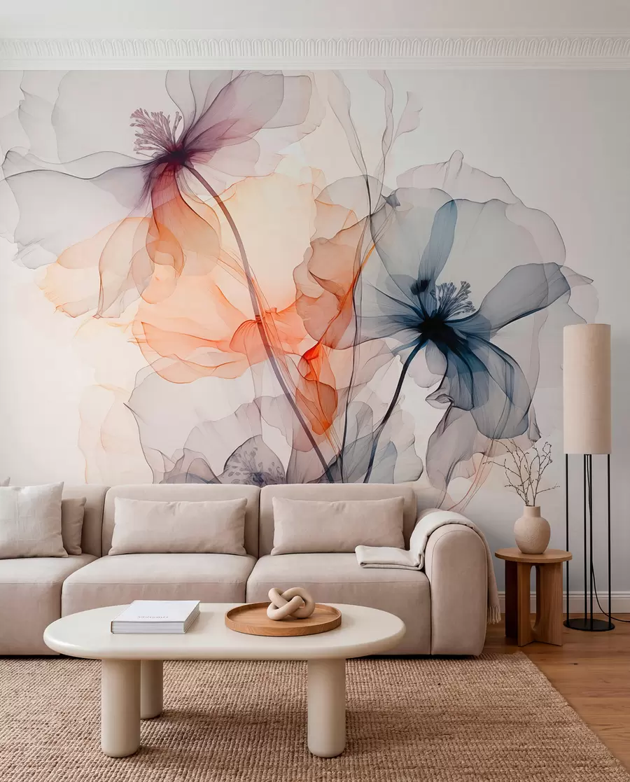 Fotobehang Abstracte doorschijnende bloemen vloeibaar aquarel w01781