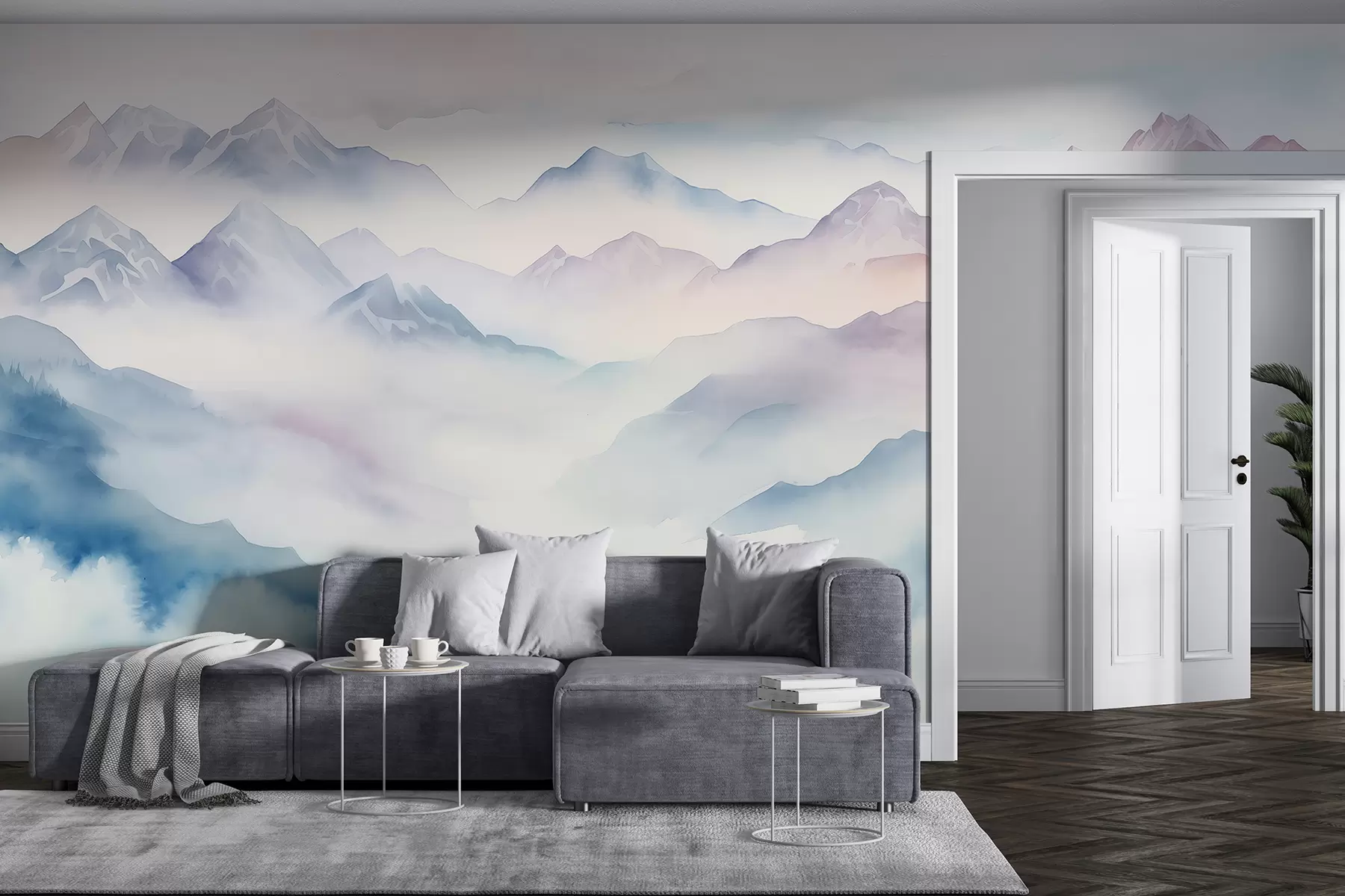 Fotobehang Etherisch berglandschap, wolken, aquarel w01791