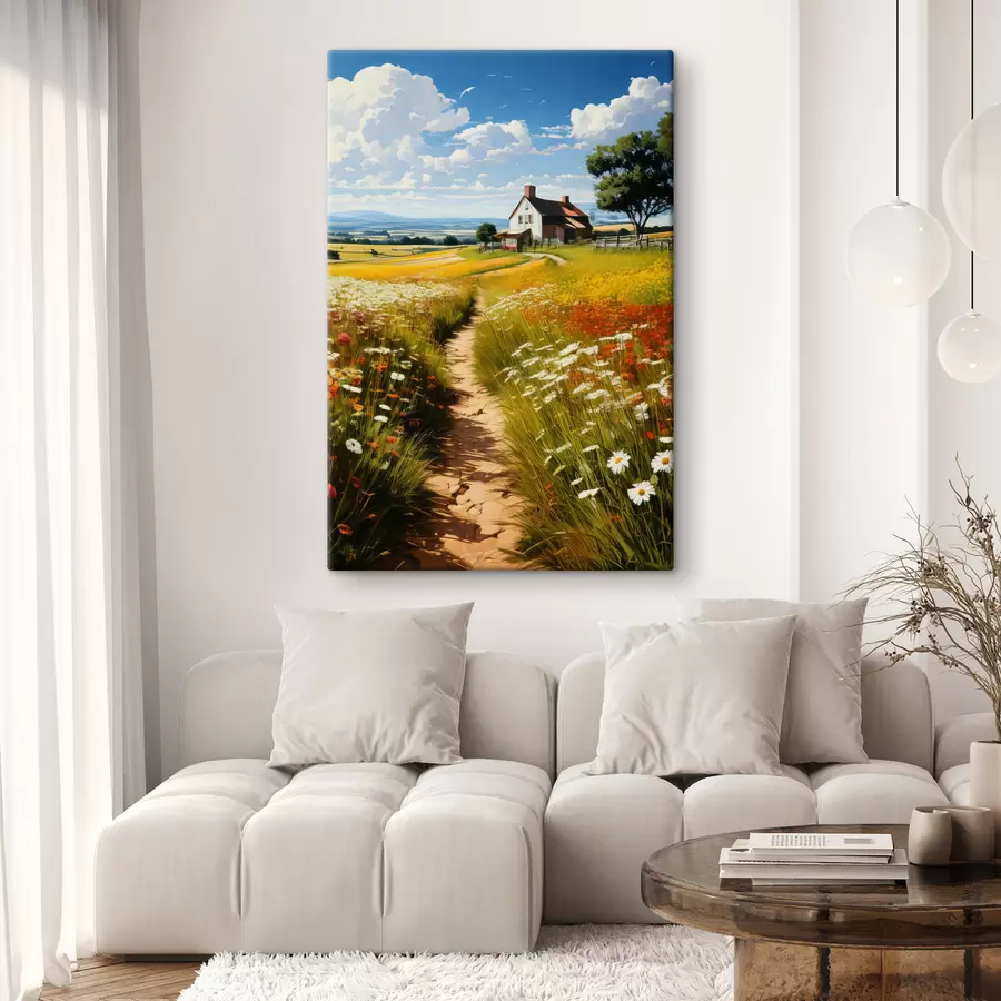  Peintures un chemin dans un champ fleuri et une maison s41109