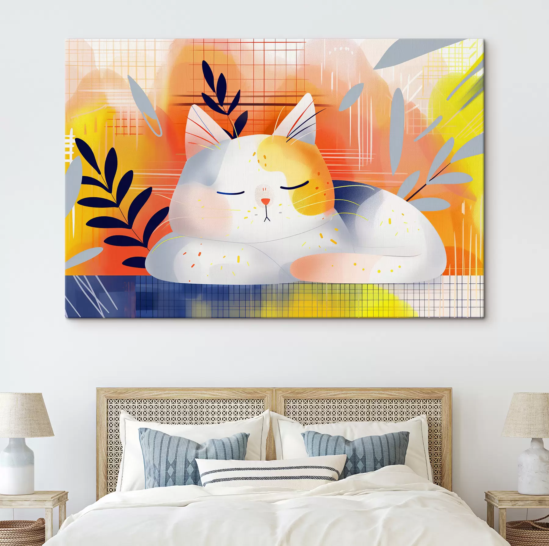  Schilderijen Een schattige kat slapend tussen de planten in een grafische stijl s40956