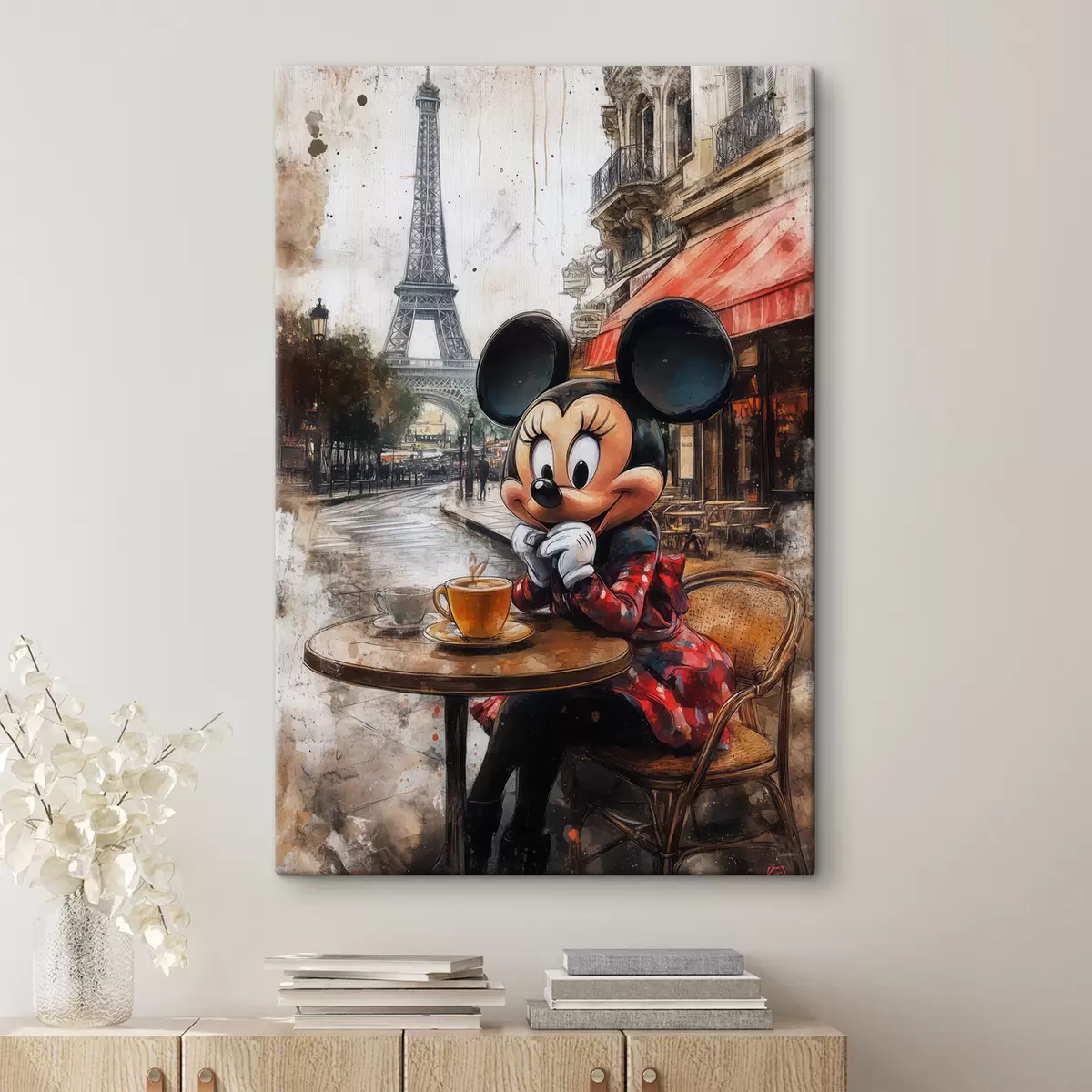  Peintures Mickey Mouse buvant un café contre la Tour Eiffel à Paris s40972