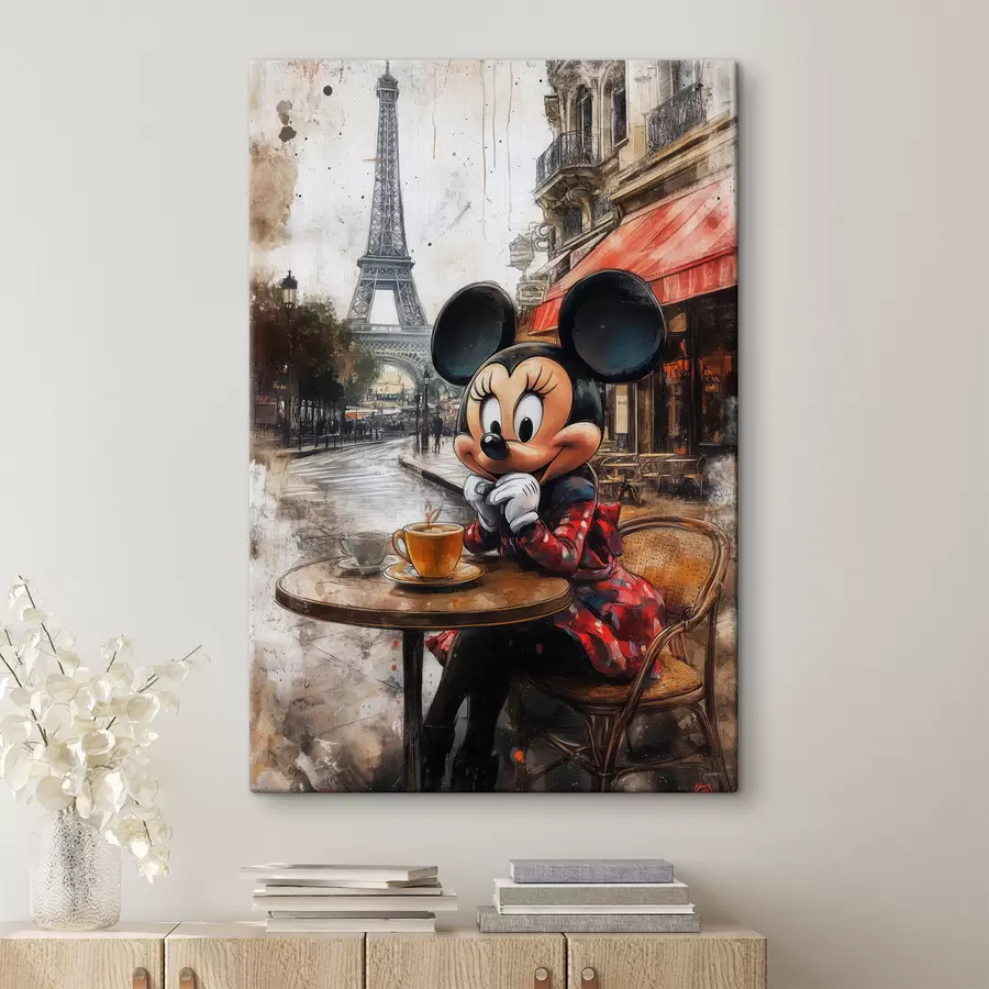  Peintures Mickey Mouse buvant un café contre la Tour Eiffel à Paris s40972