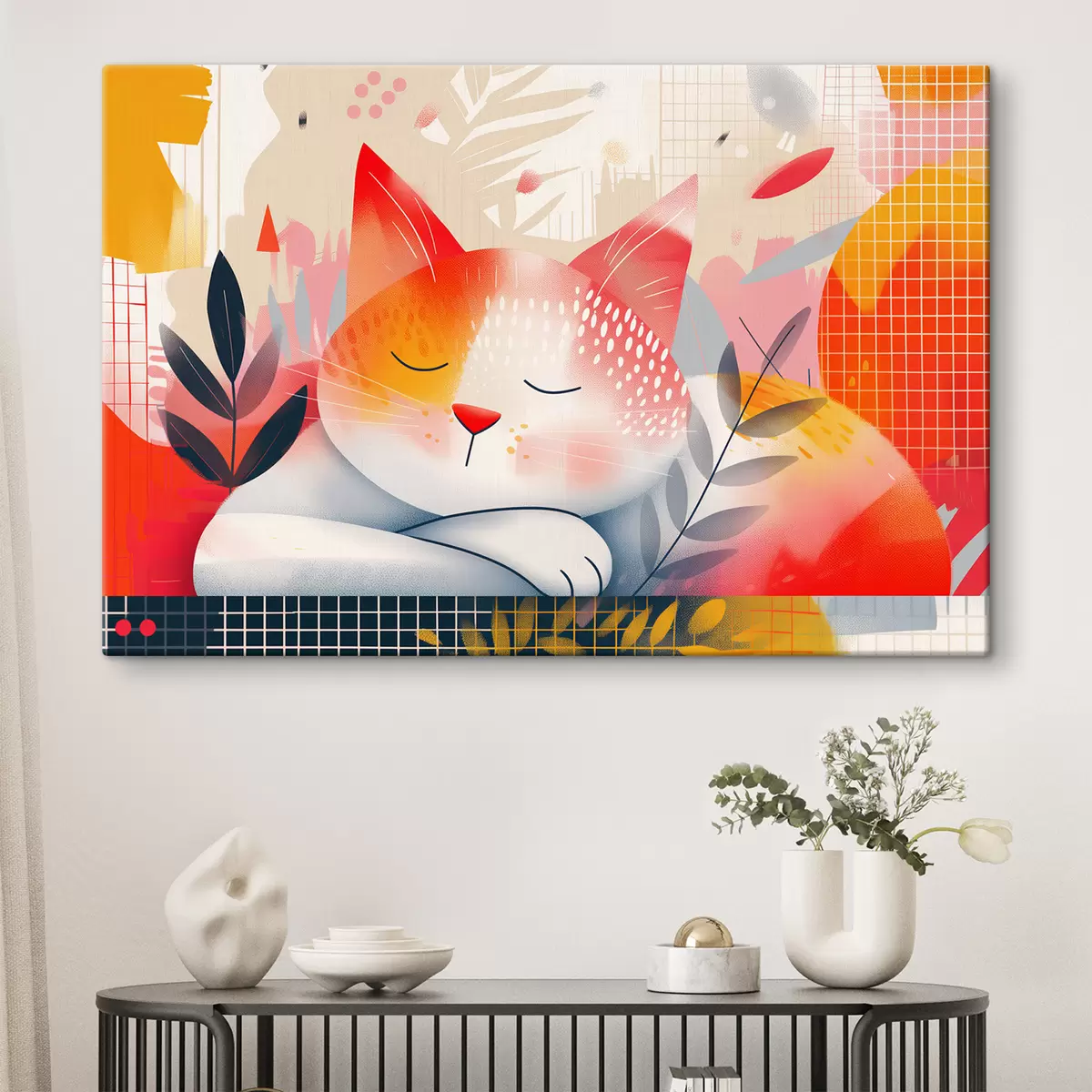  Peintures Un chat mignon dormant sur le sol parmi des fleurs colorées s40981