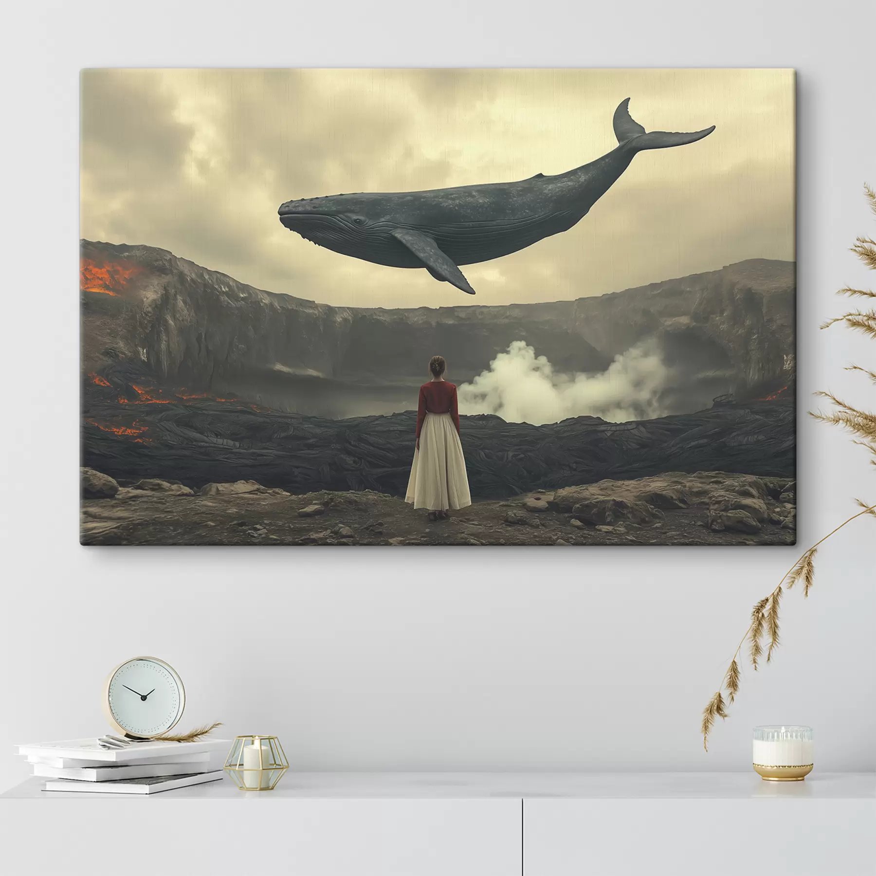  Peintures Fille sur la lave avec une grande baleine volante dans le ciel s40986