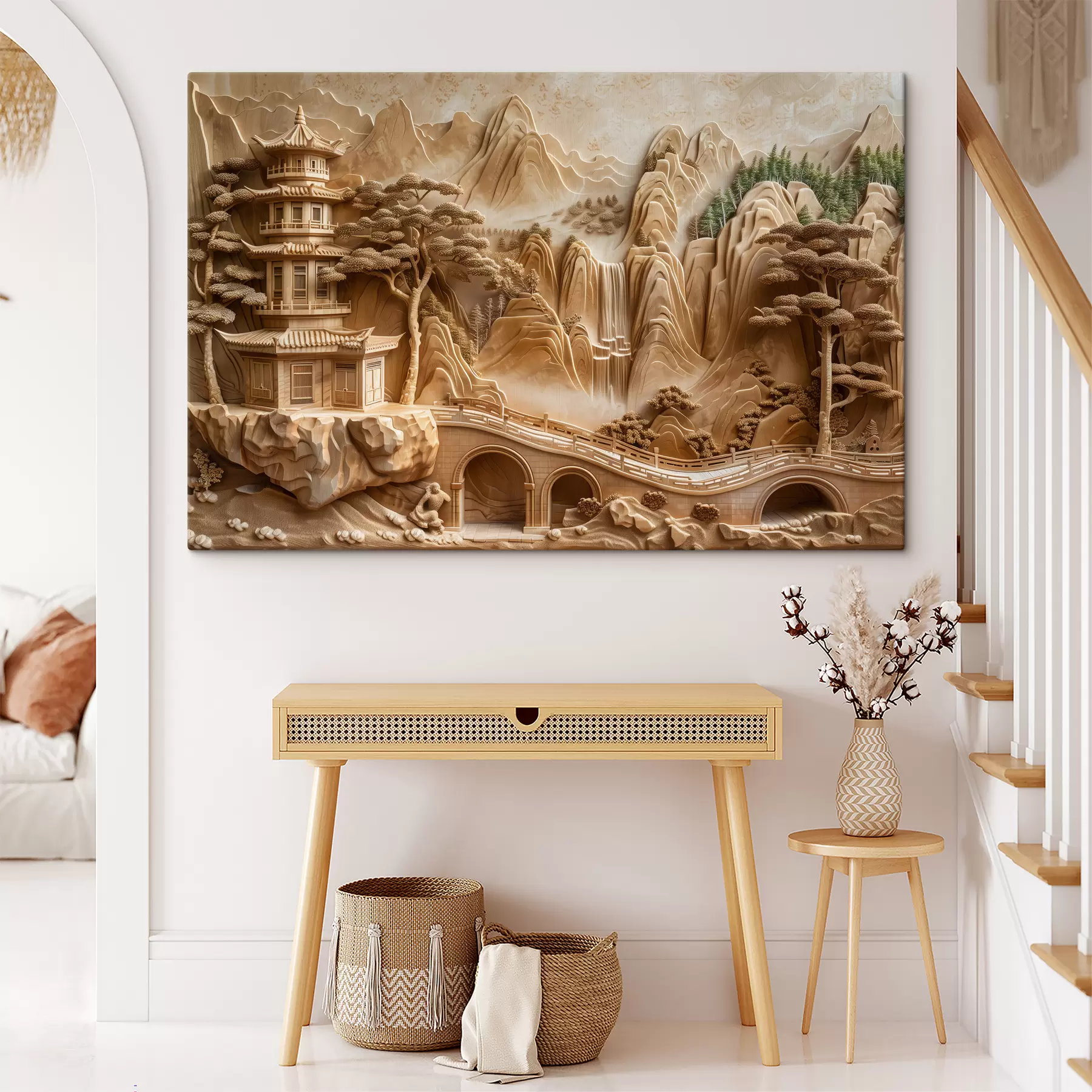 Fotobehang Bas-reliëfimitatie: bergen met bomen, een brug en een tempel, meerlagig s40989