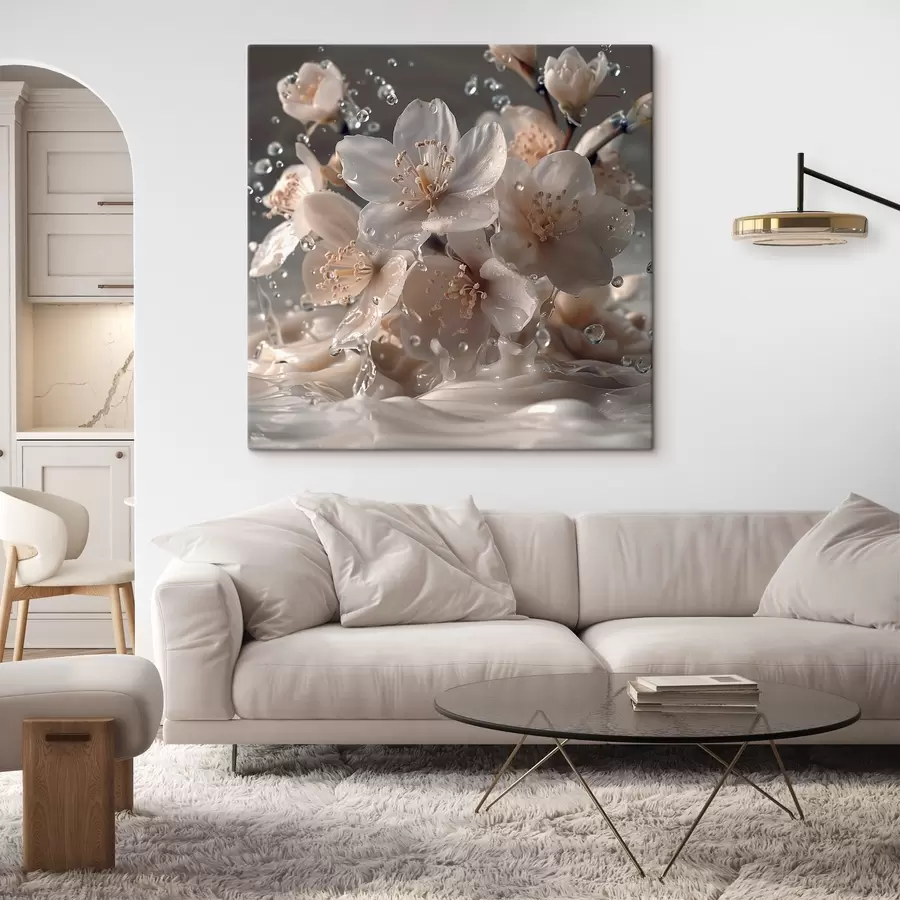 Fotobehang Jasmijnbloemen in een werveling van druppels s41003