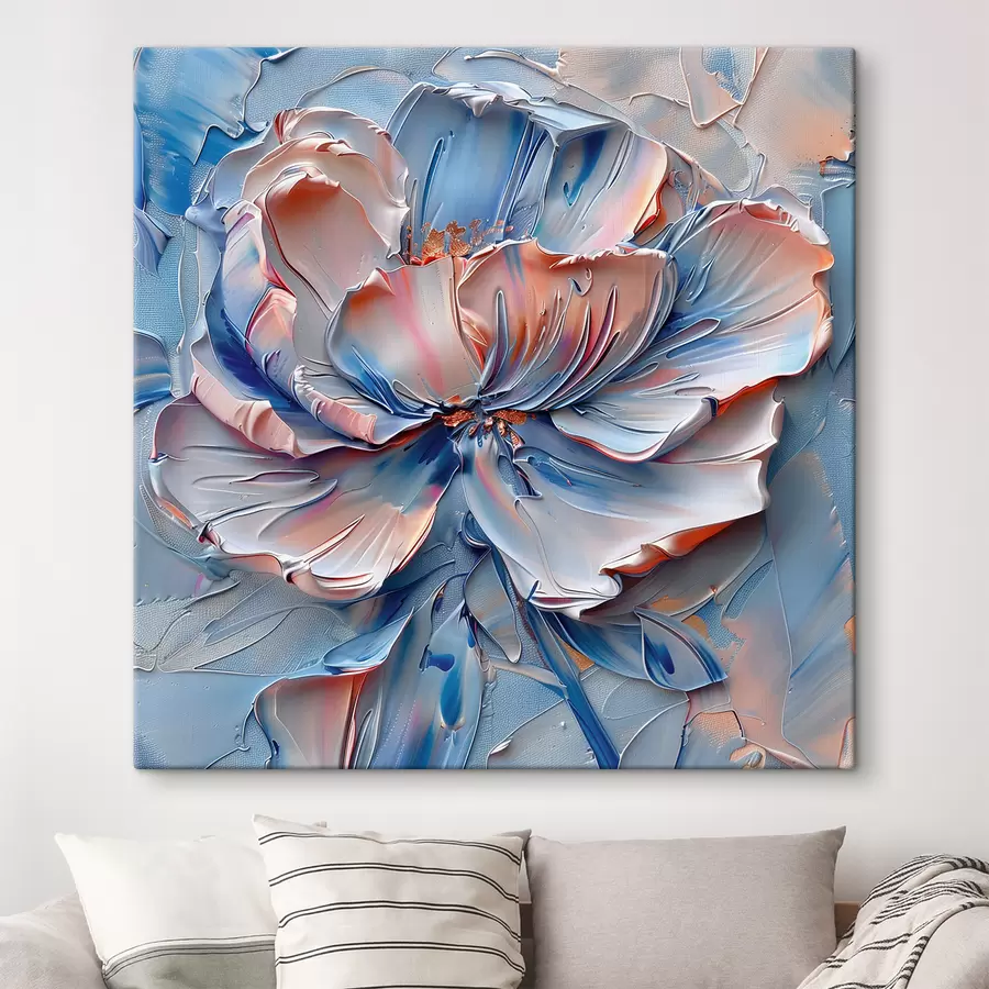 Fotobehang Grote bloem met vette penseelstreken in blauw en perzikkleuren s41004