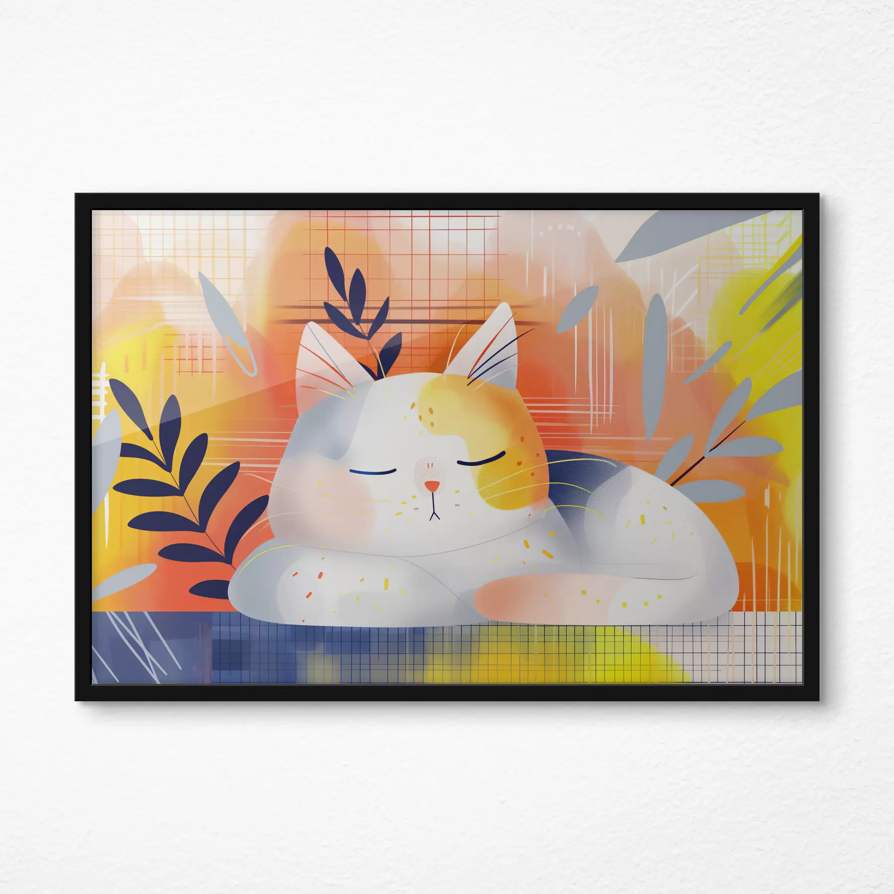 Papier peint photo Un chat mignon dormant parmi des plantes dans un style graphique f40956