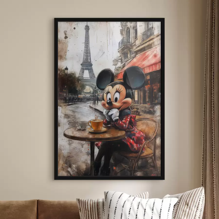 Papier peint photo Mickey Mouse buvant un café contre la Tour Eiffel à Paris f40972