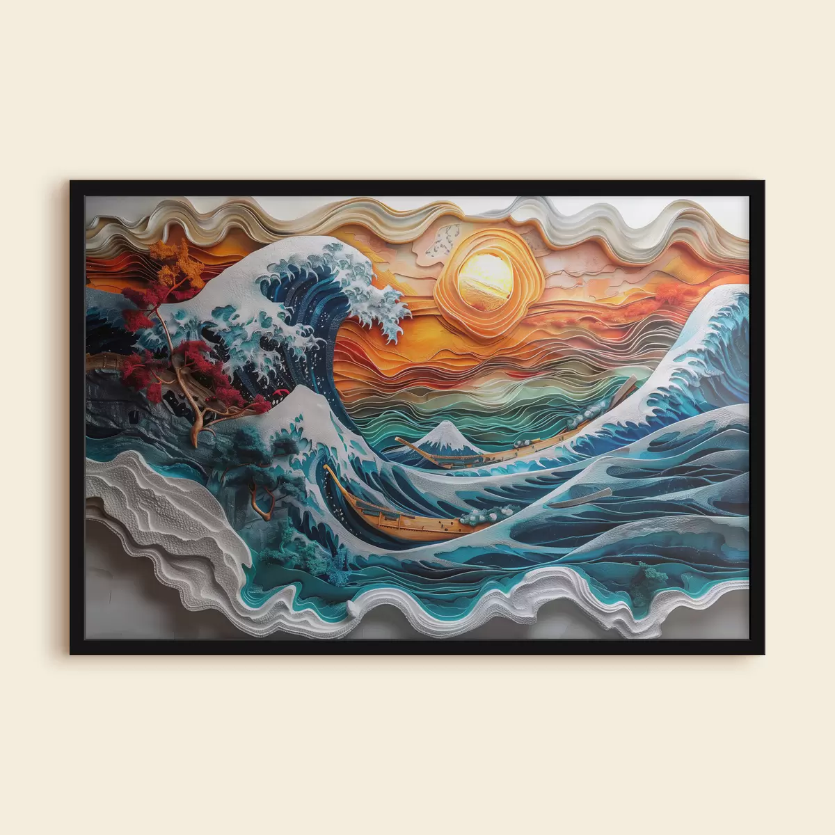 Affiche Imitation de bas-relief : un océan déchaîné avec des bateaux et le soleil f40976